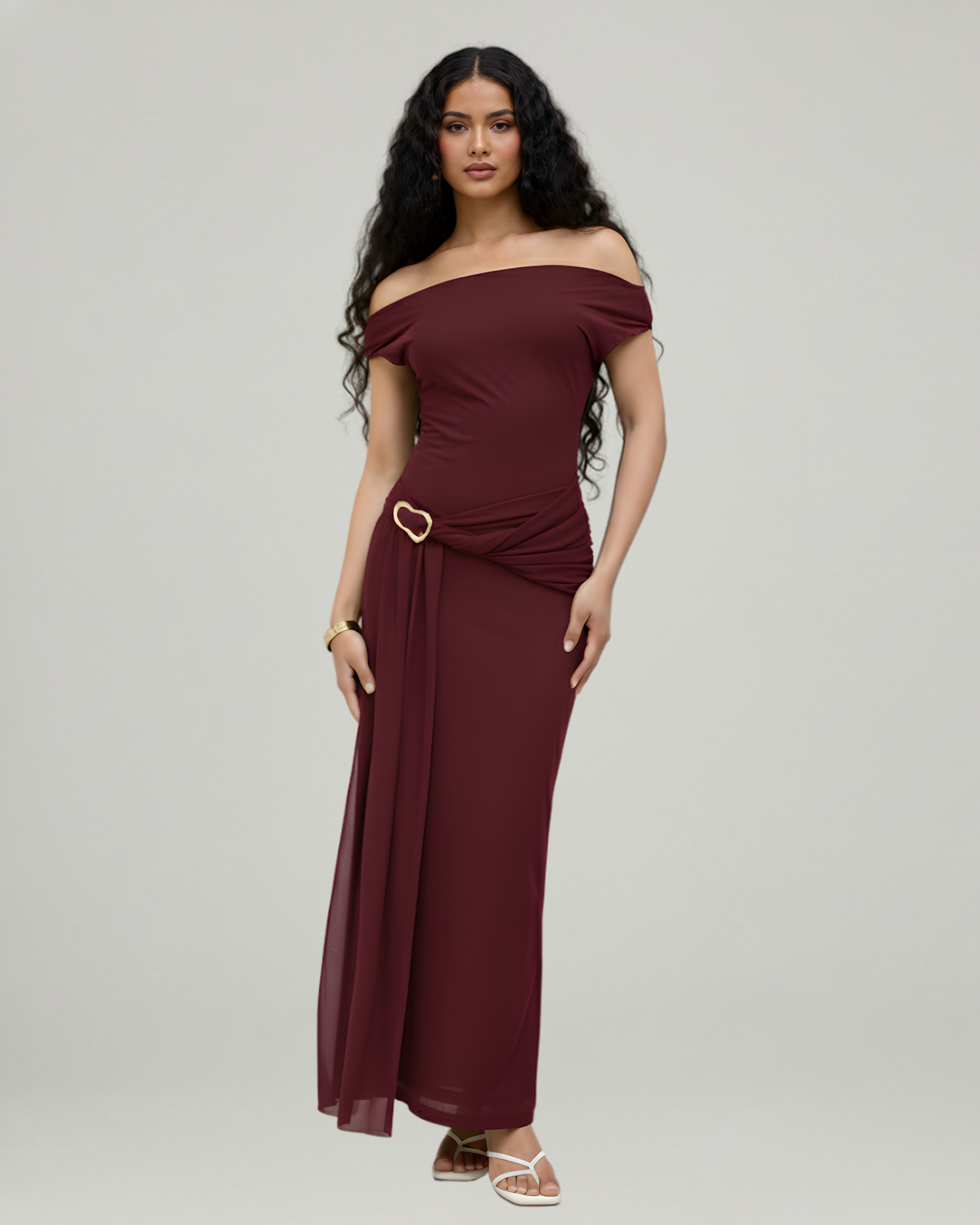 Sheer Mesh Draped Asymmetrical Maxi Dress-Maroon