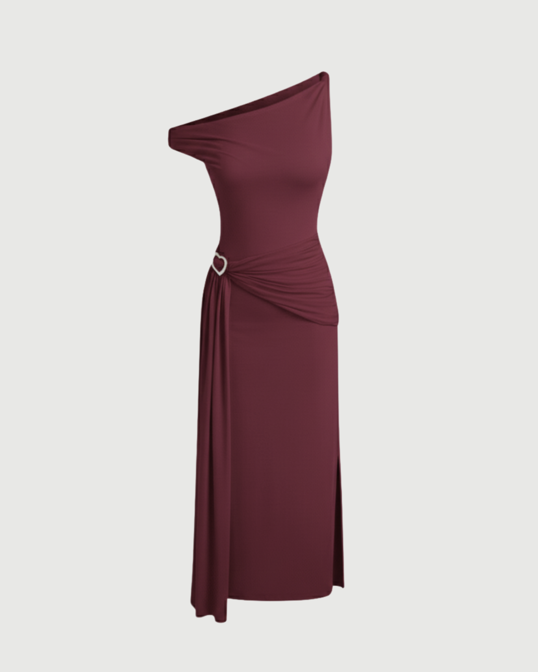 Sheer Mesh Draped Asymmetrical Maxi Dress-Maroon