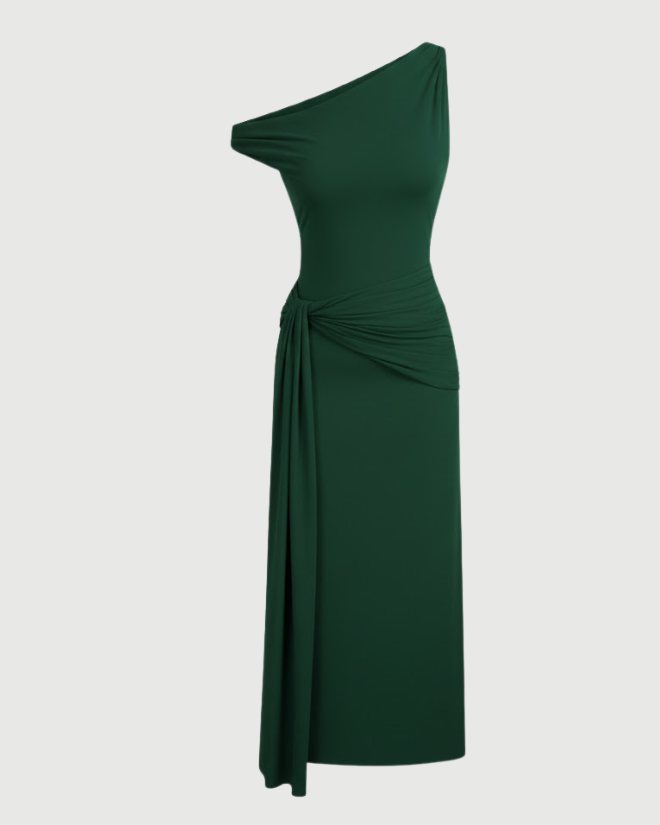 Sheer Mesh Draped Asymmetrical Maxi Dress-Dark Green