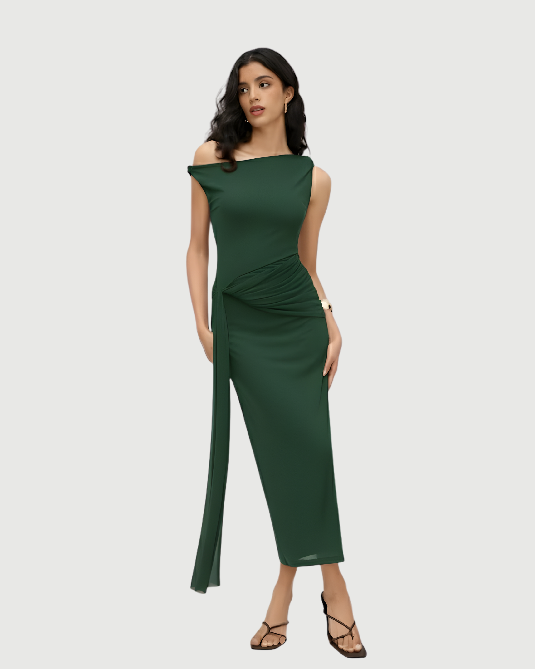 Sheer Mesh Draped Asymmetrical Maxi Dress-Dark Green
