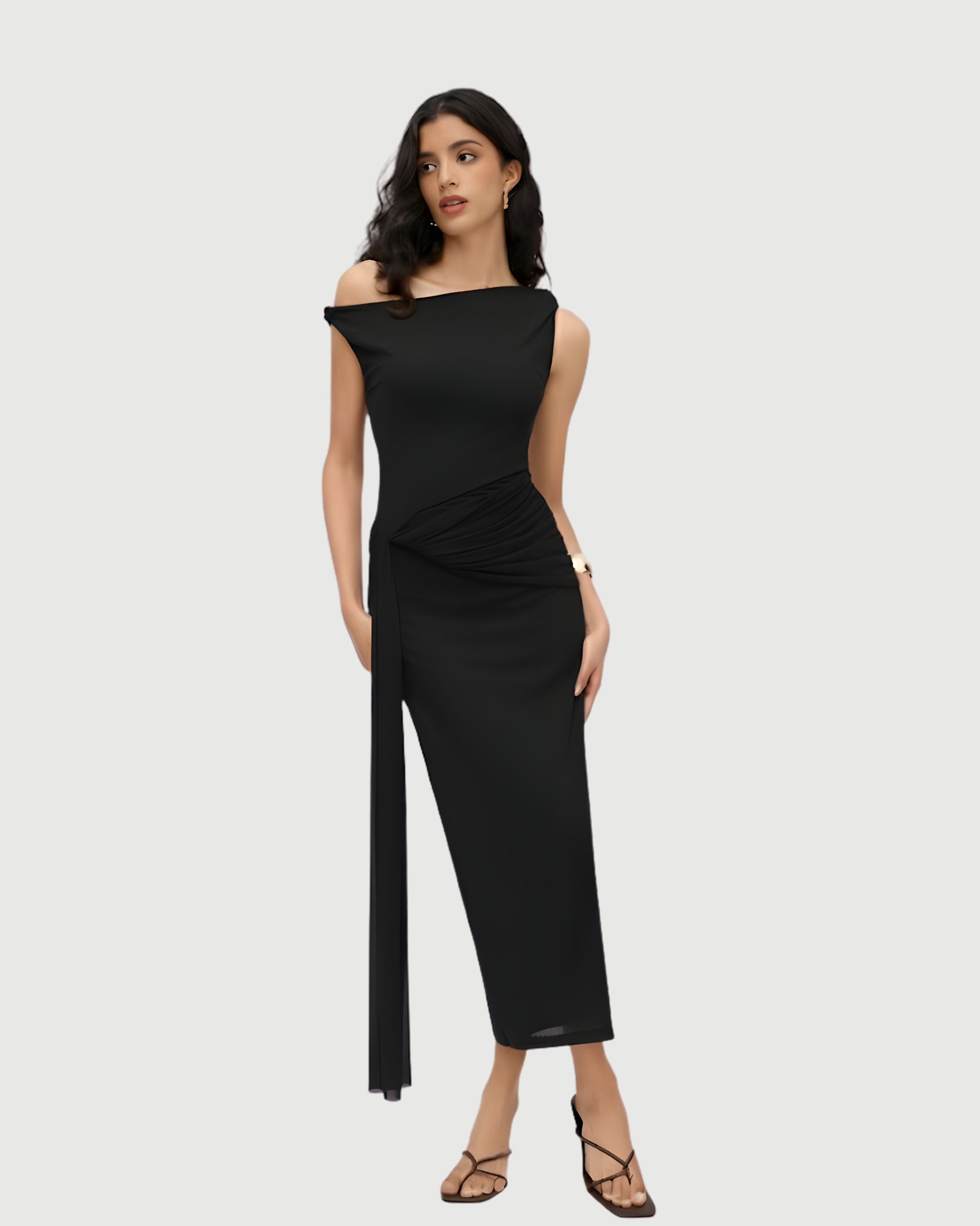 Sheer Mesh Draped Asymmetrical Maxi Dress - Black