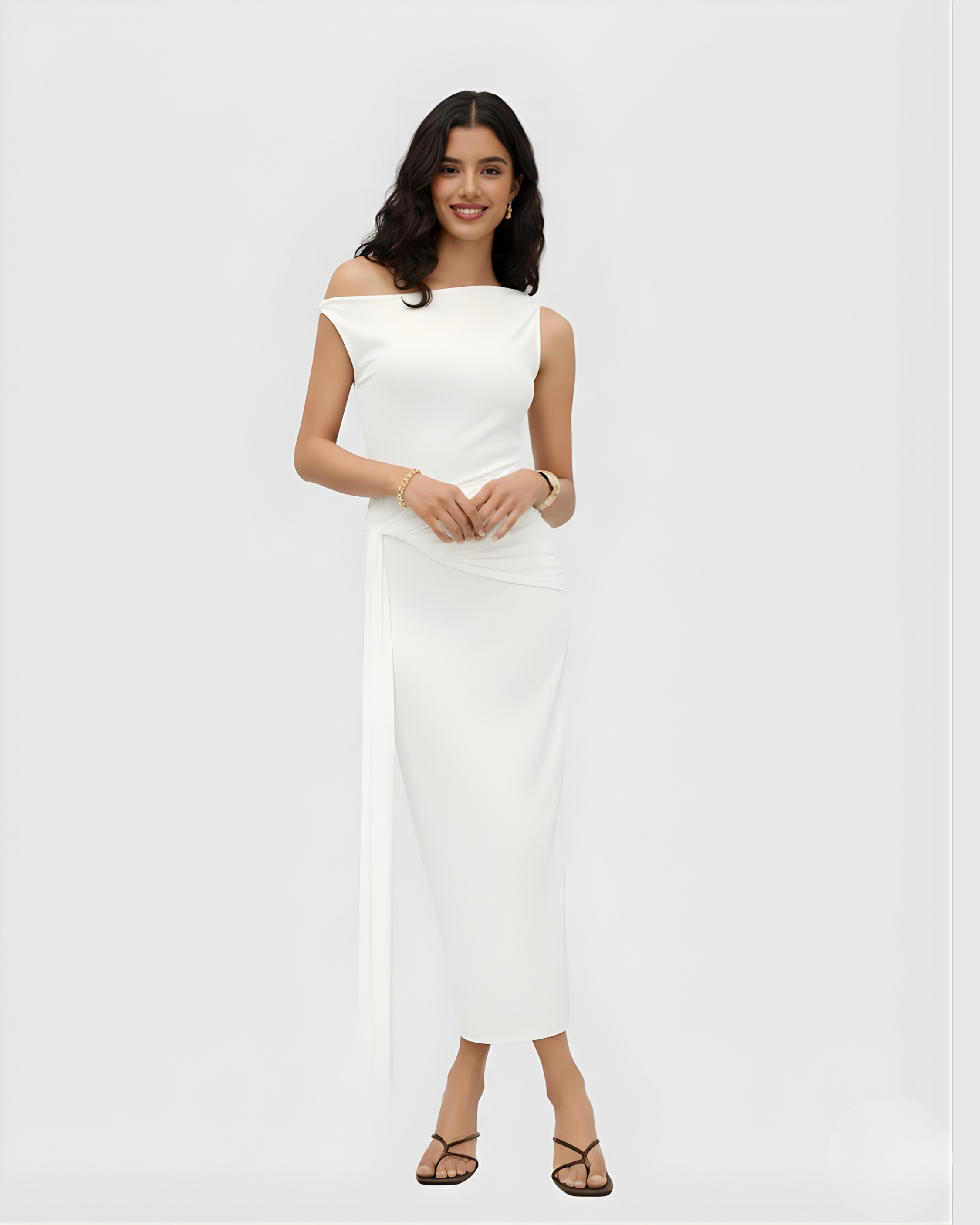 Sheer Mesh Draped Asymmetrical Maxi Dress - White