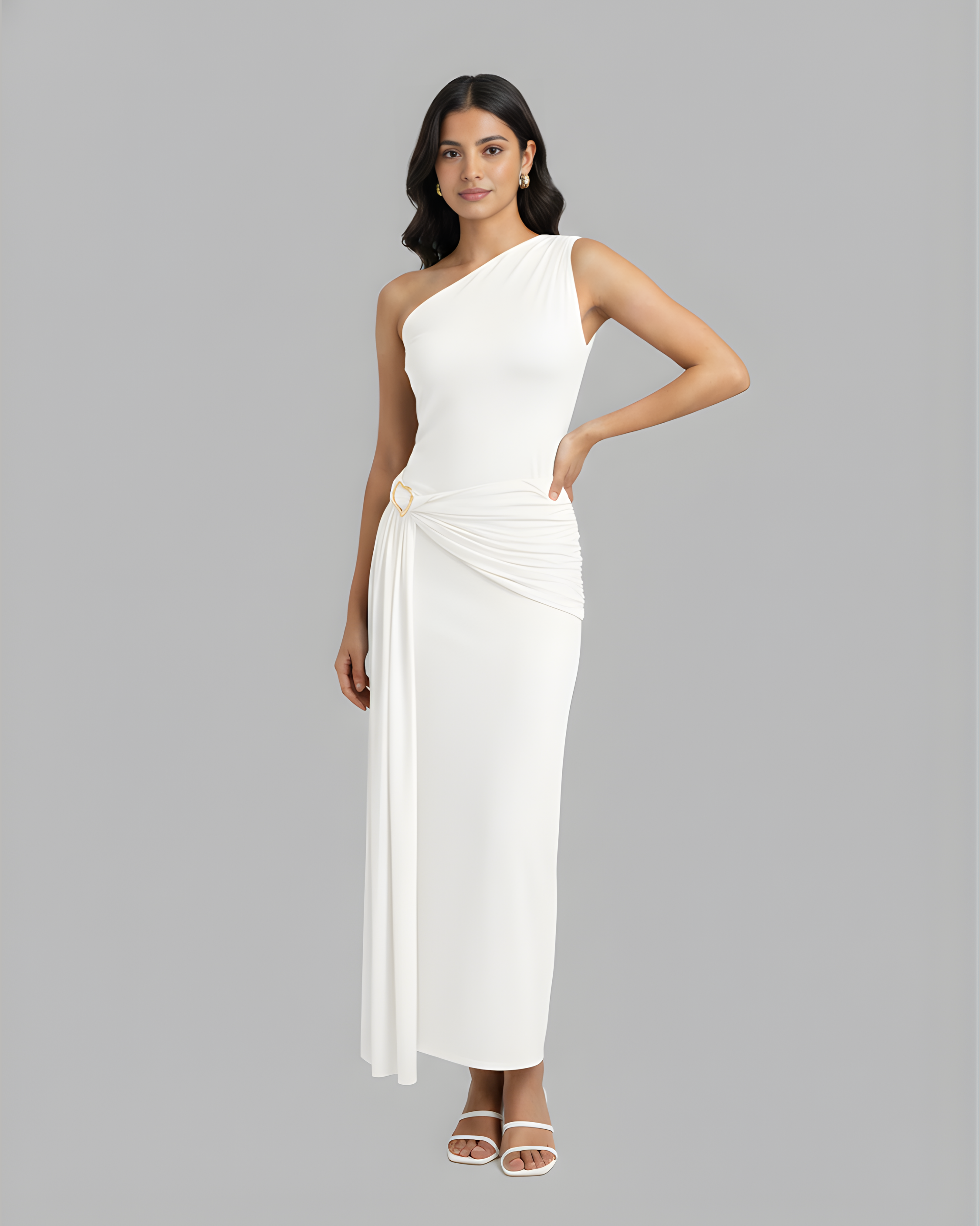 Sheer Mesh Draped Asymmetrical Maxi Dress - White