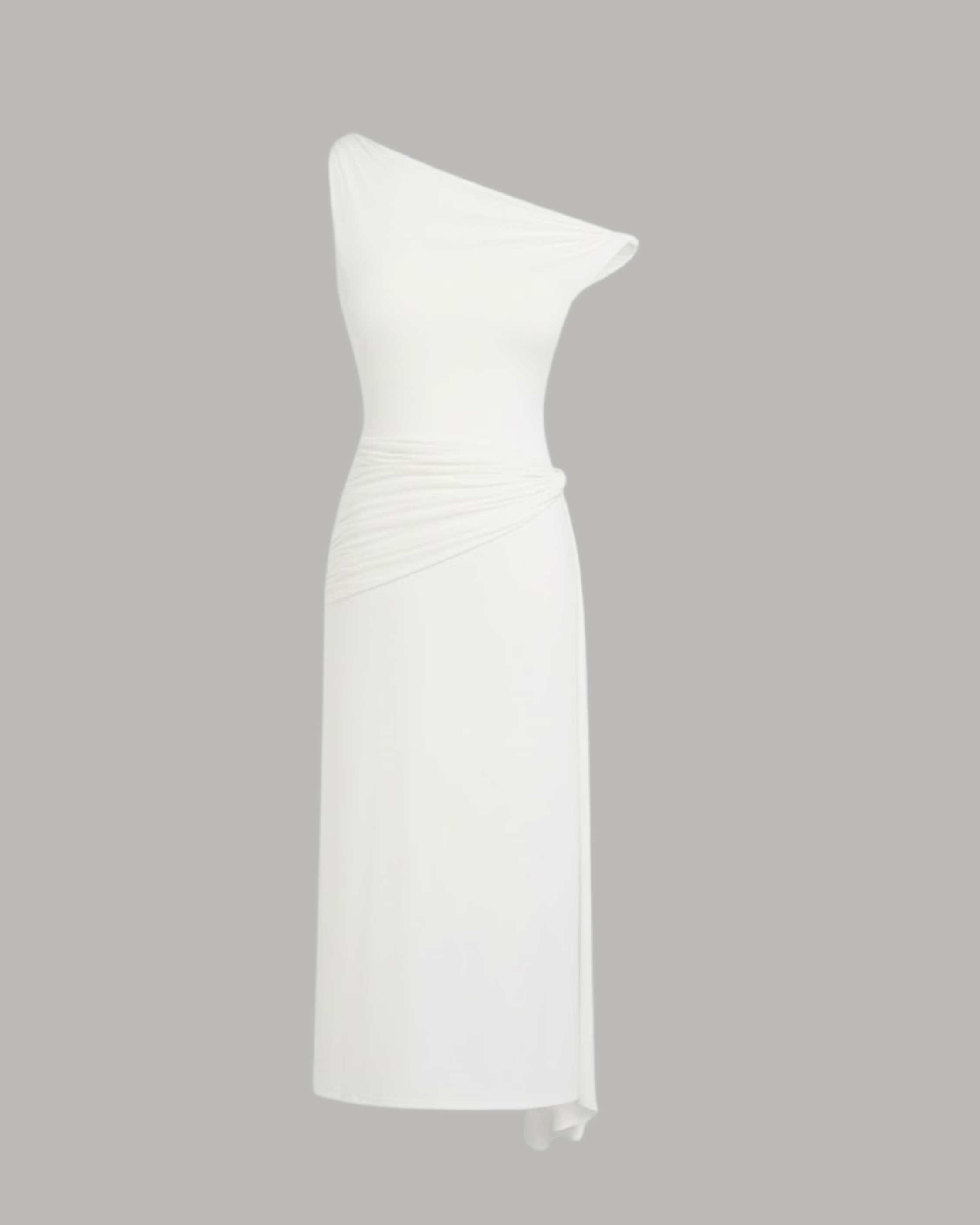 Sheer Mesh Draped Asymmetrical Maxi Dress - White