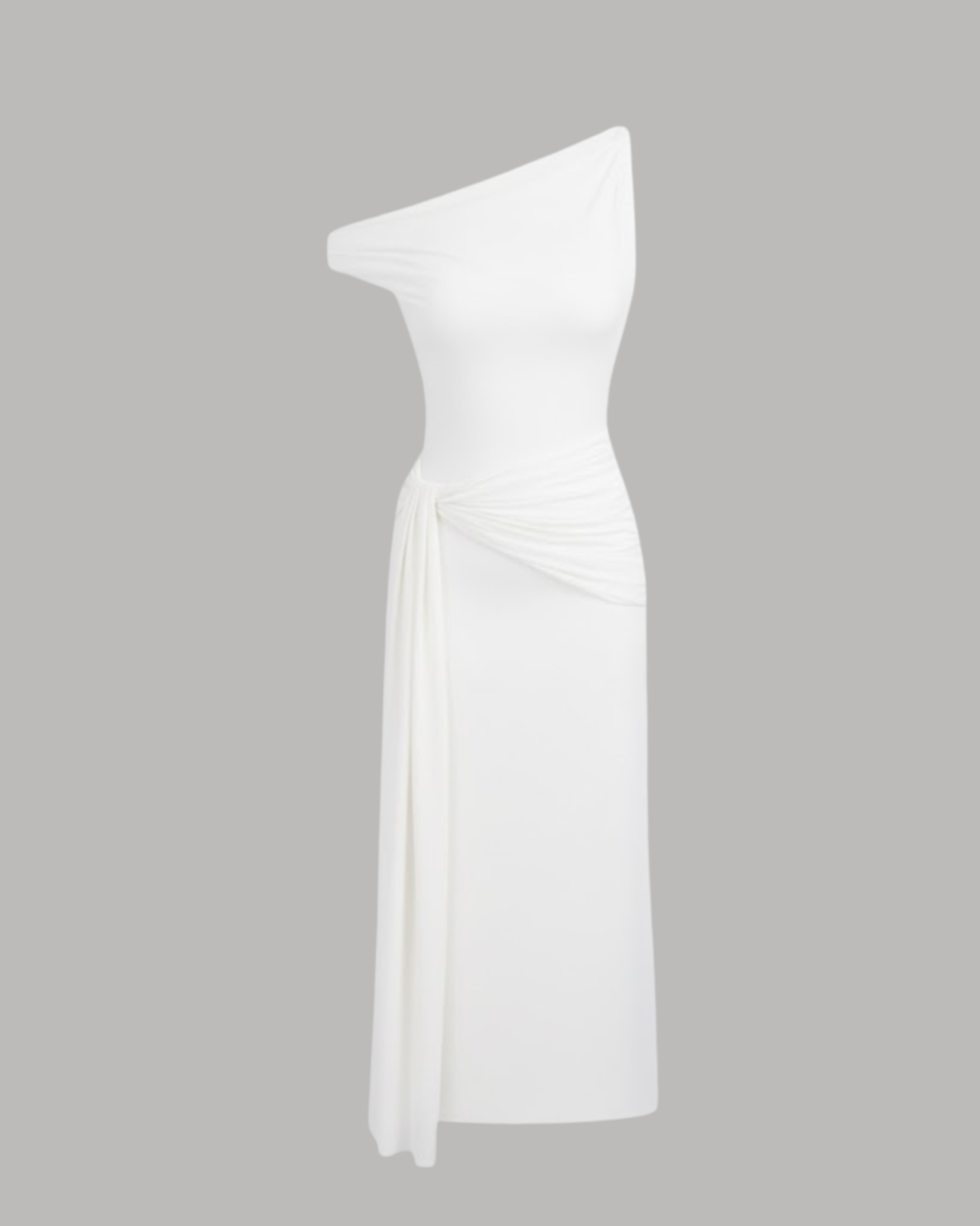 Sheer Mesh Draped Asymmetrical Maxi Dress - White