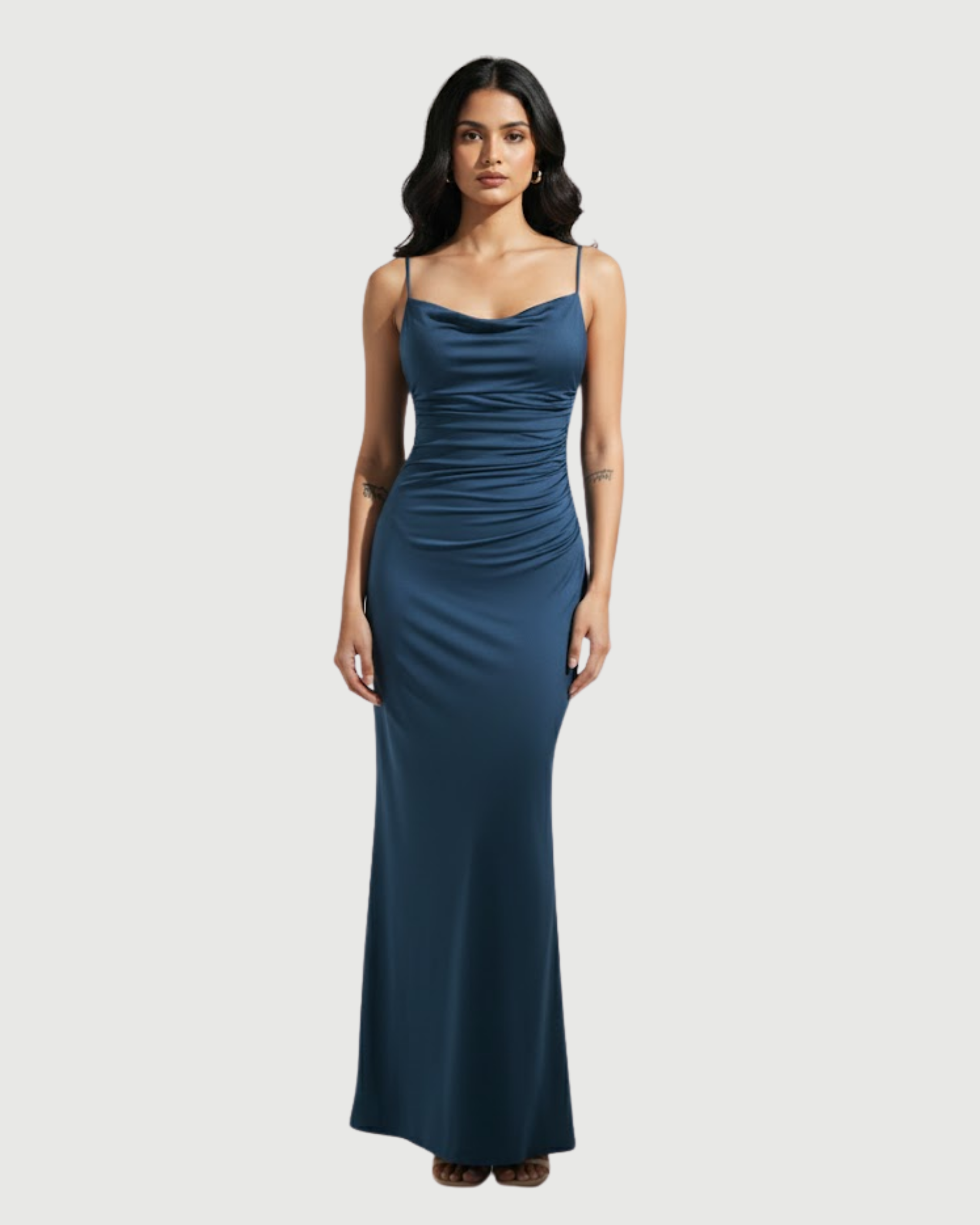Sleek Cowl Neck Backless Maxi Gown-Blue