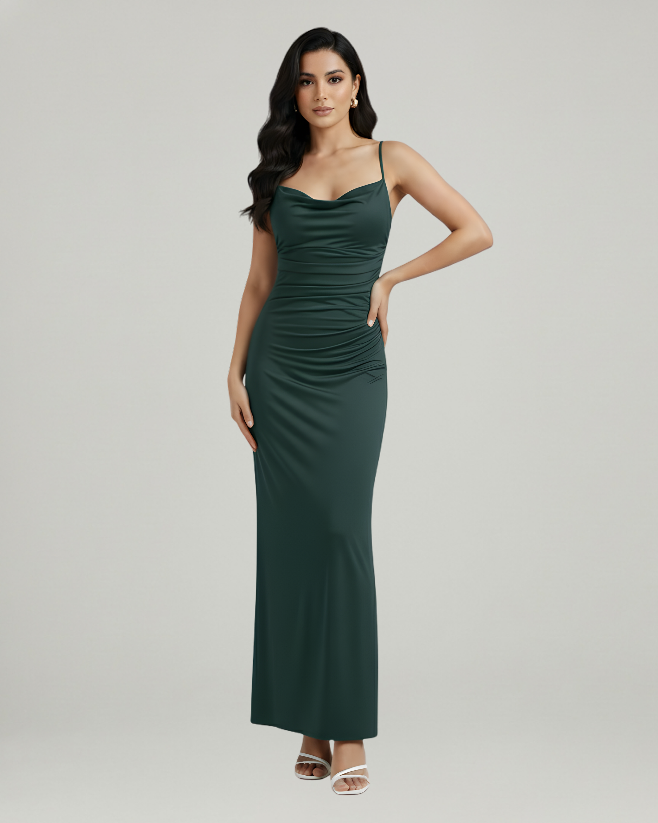 Sleek Cowl Neck Backless Maxi Gown-Dark Green