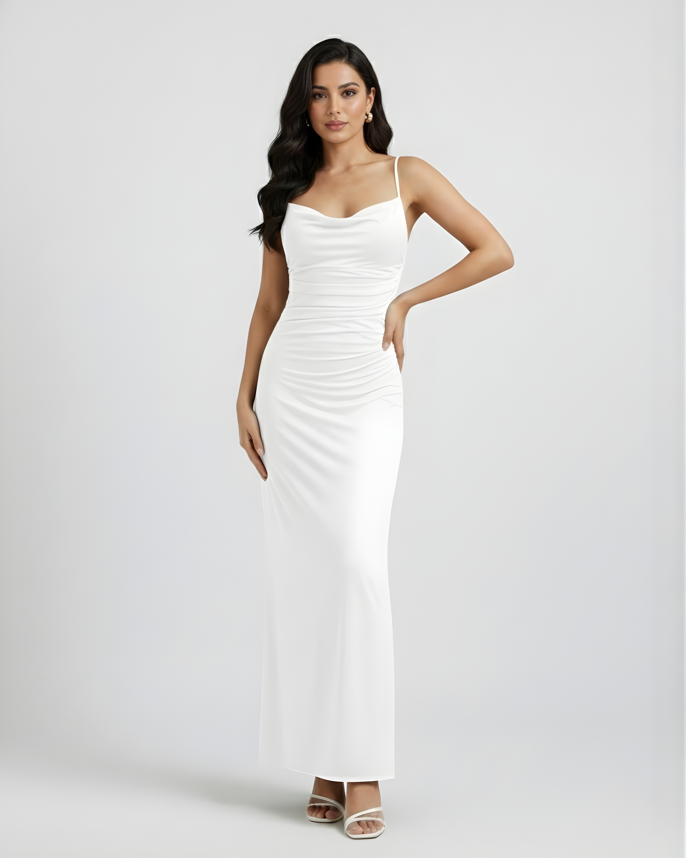 Sleek Cowl Neck Backless Maxi Gown - White