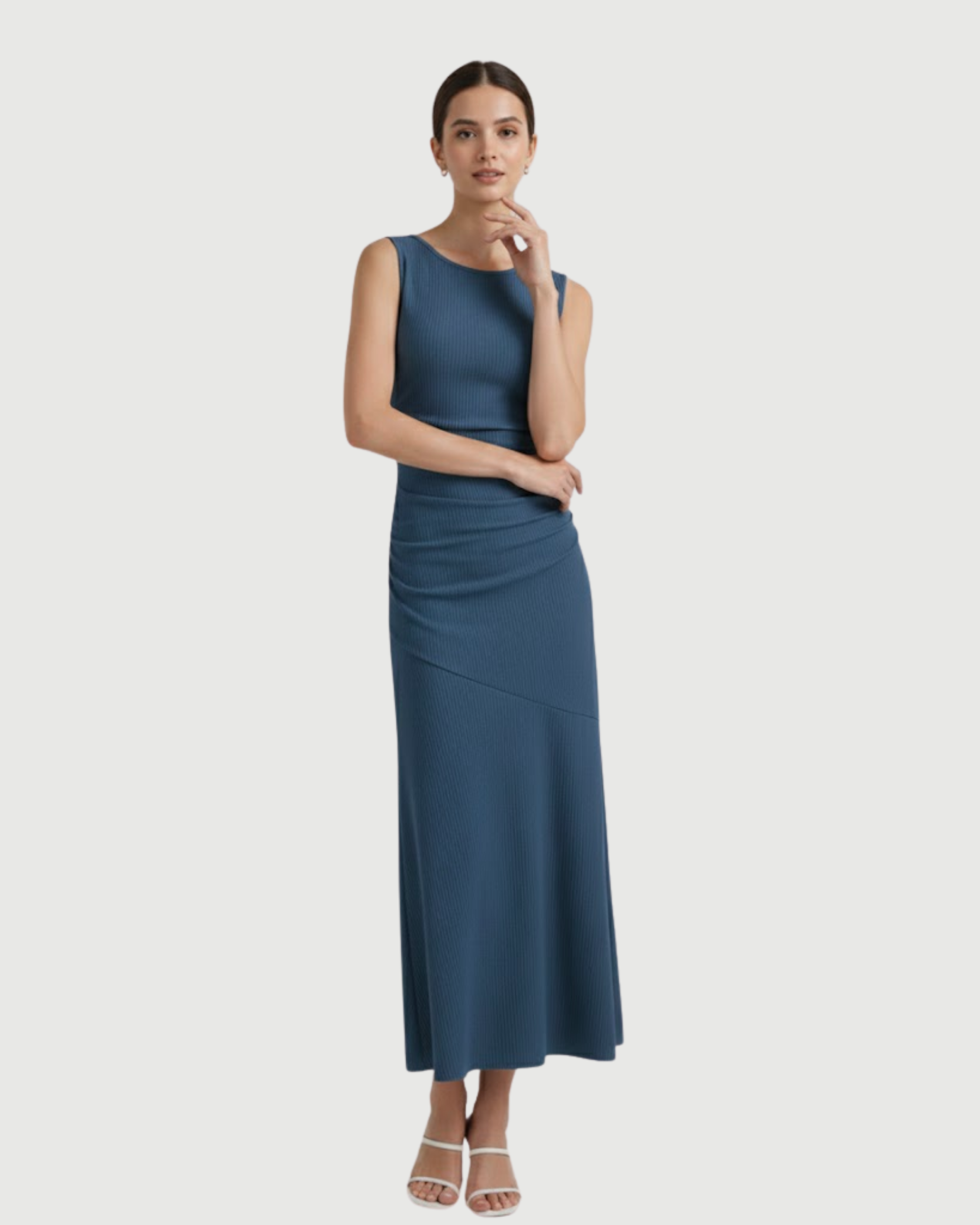 Classic Boat Neck Ruffle Maxi Dress-Blue
