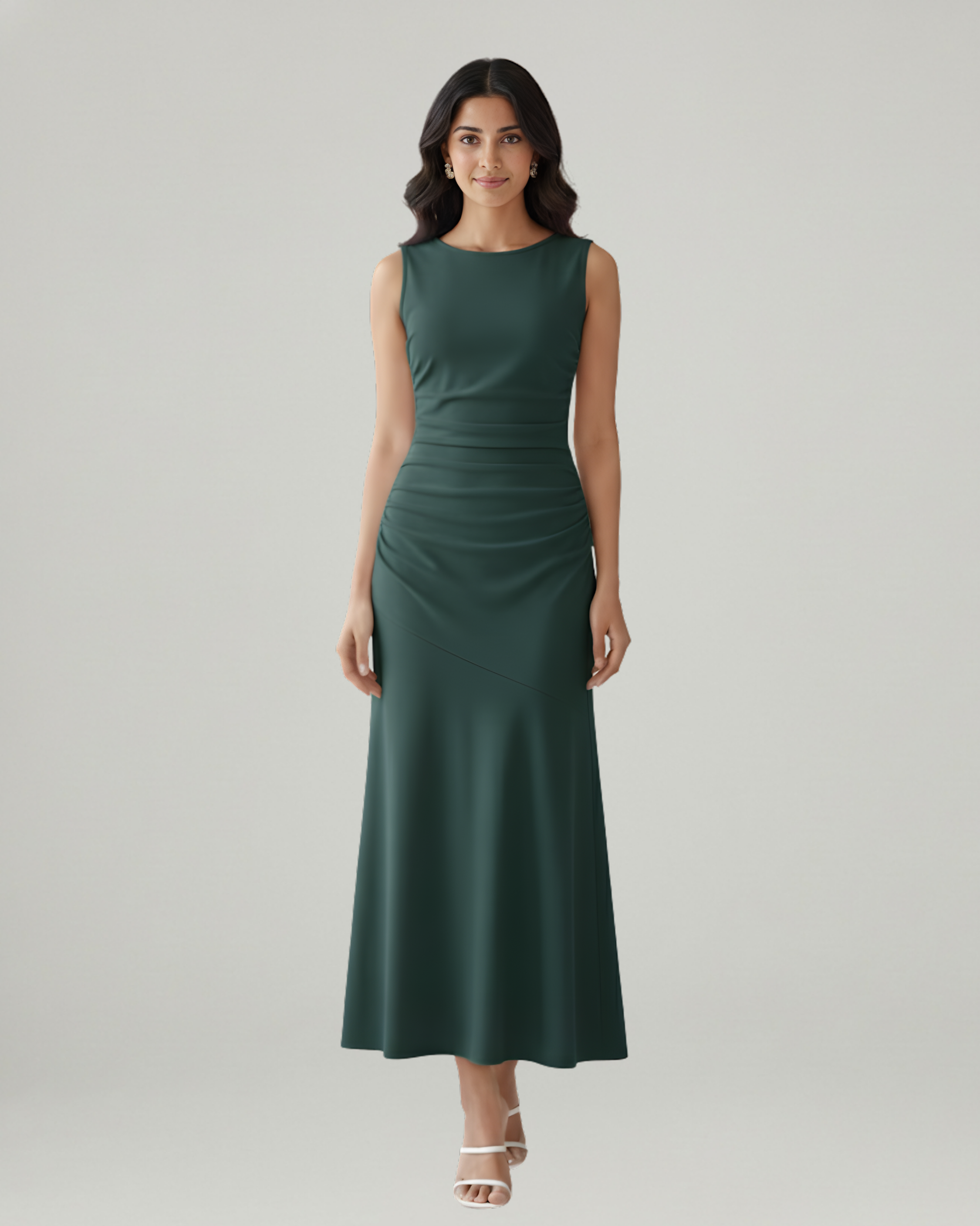 Classic Boat Neck Ruffle Maxi Dress-Dark Green