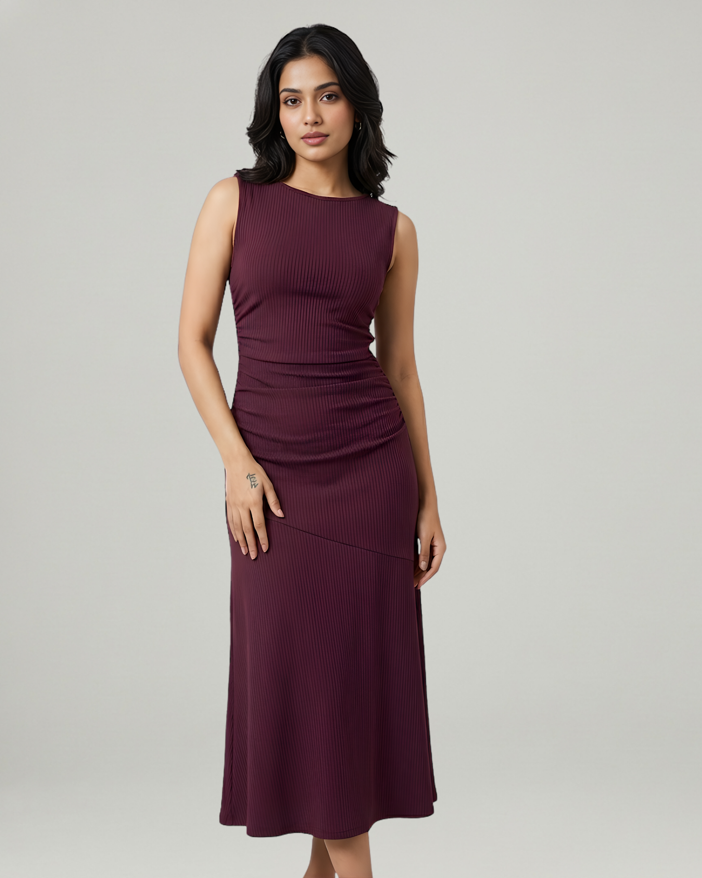 Classic Boat Neck Ruffle Maxi Dress-Maroon