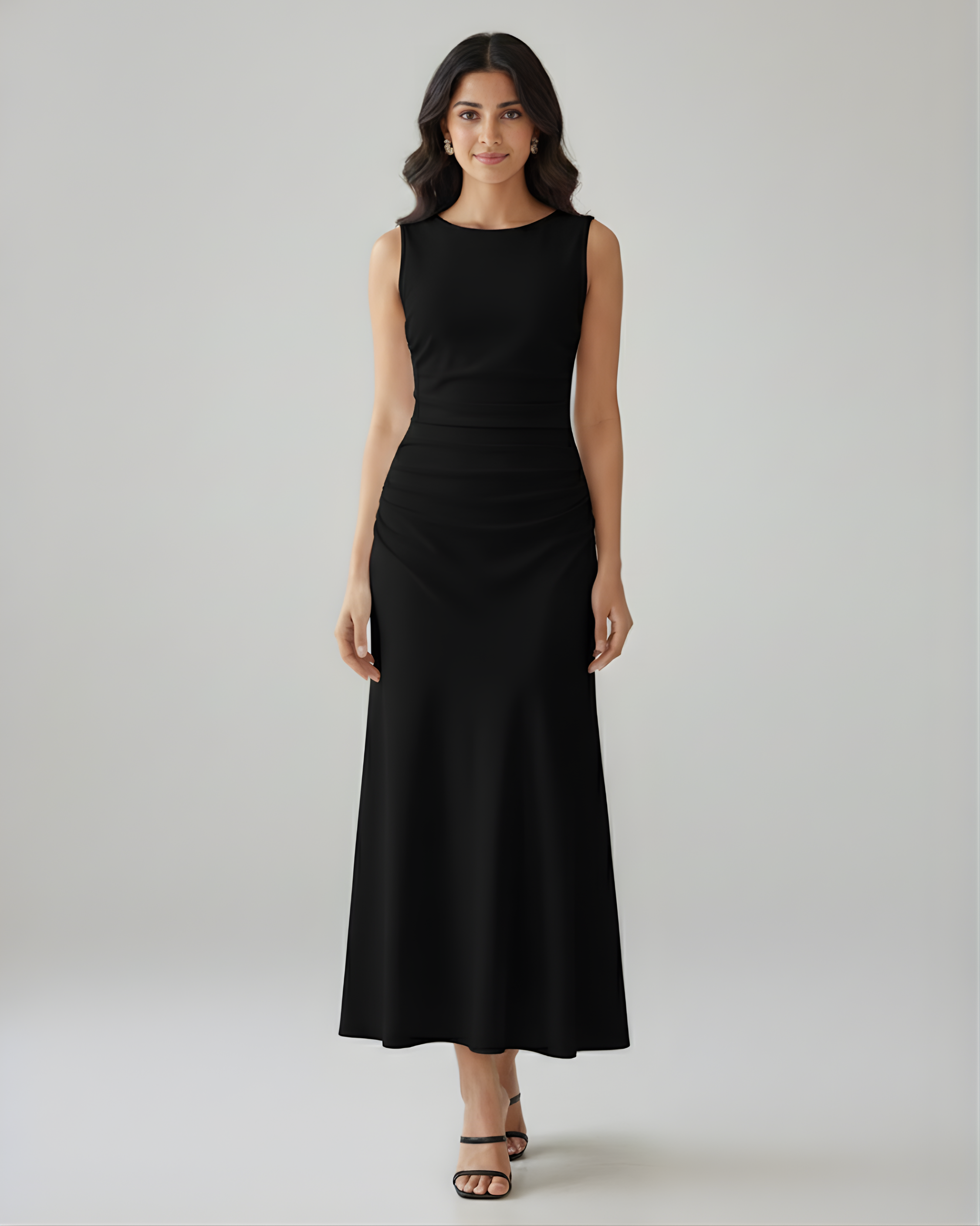 Classic Boat Neck Ruffle Maxi Dress - Black