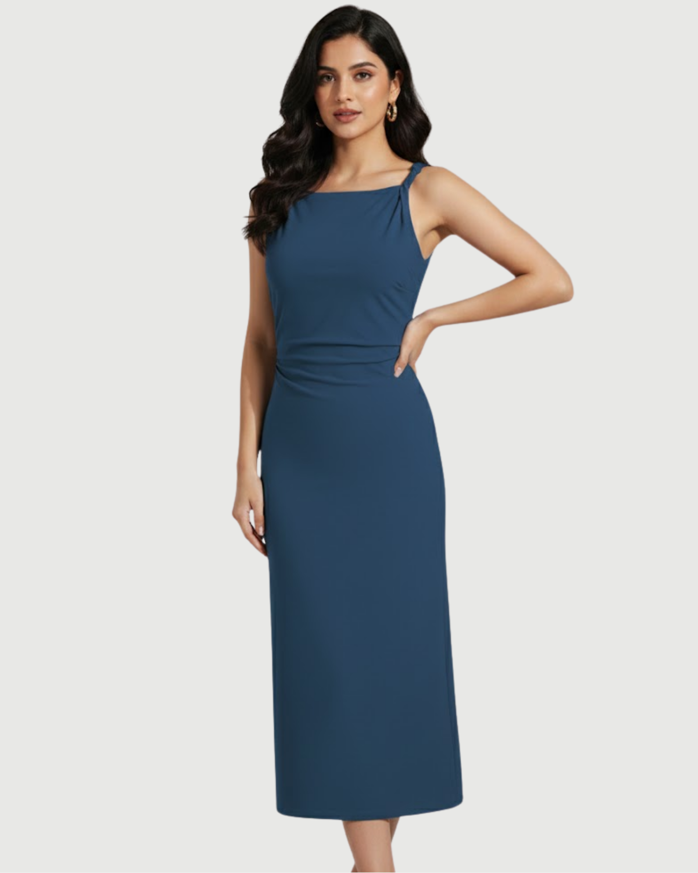 Boat Neck Twist Ruched Midi Dress- Blue