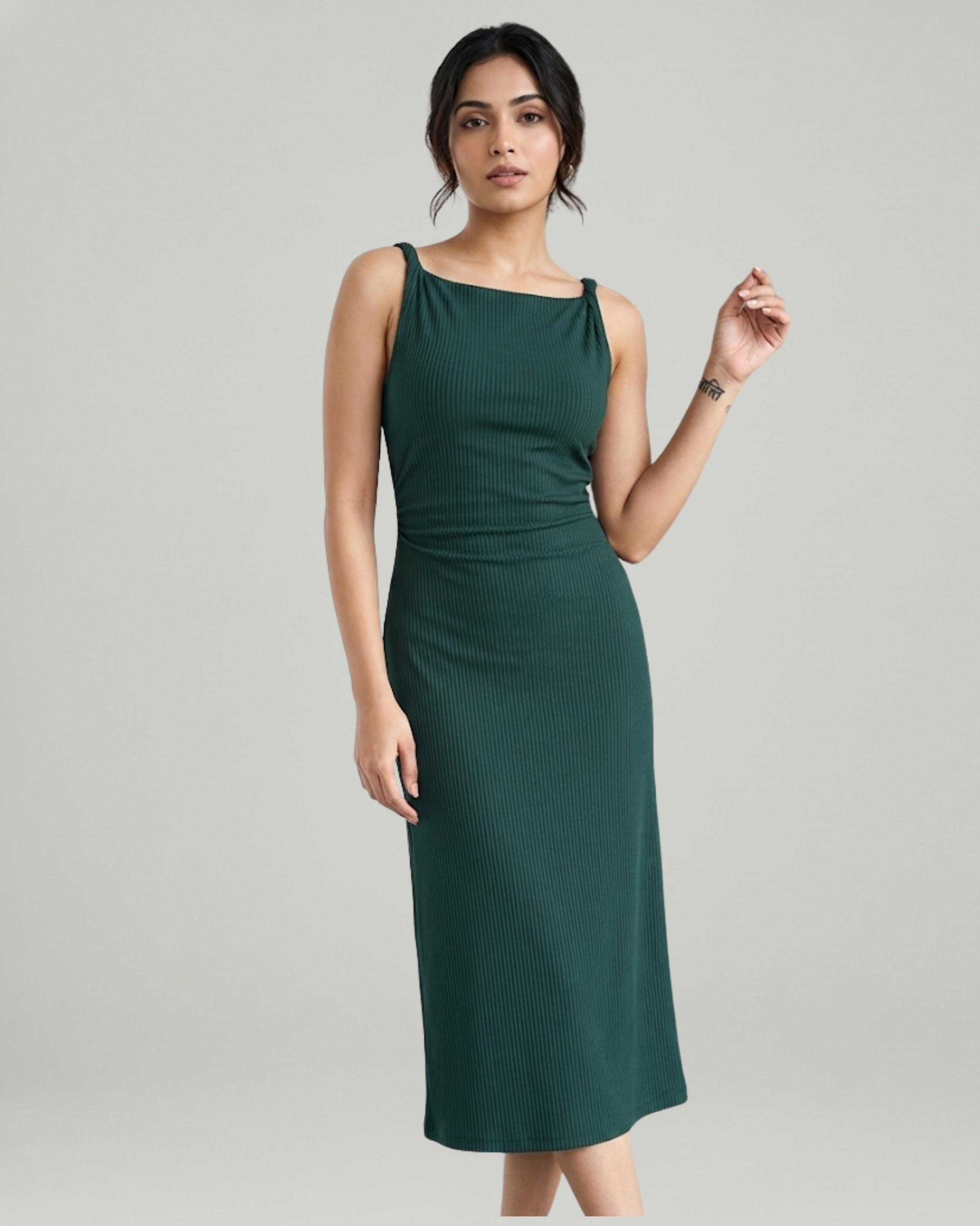 Boat Neck Twist Ruched Midi Dress- Dark Green