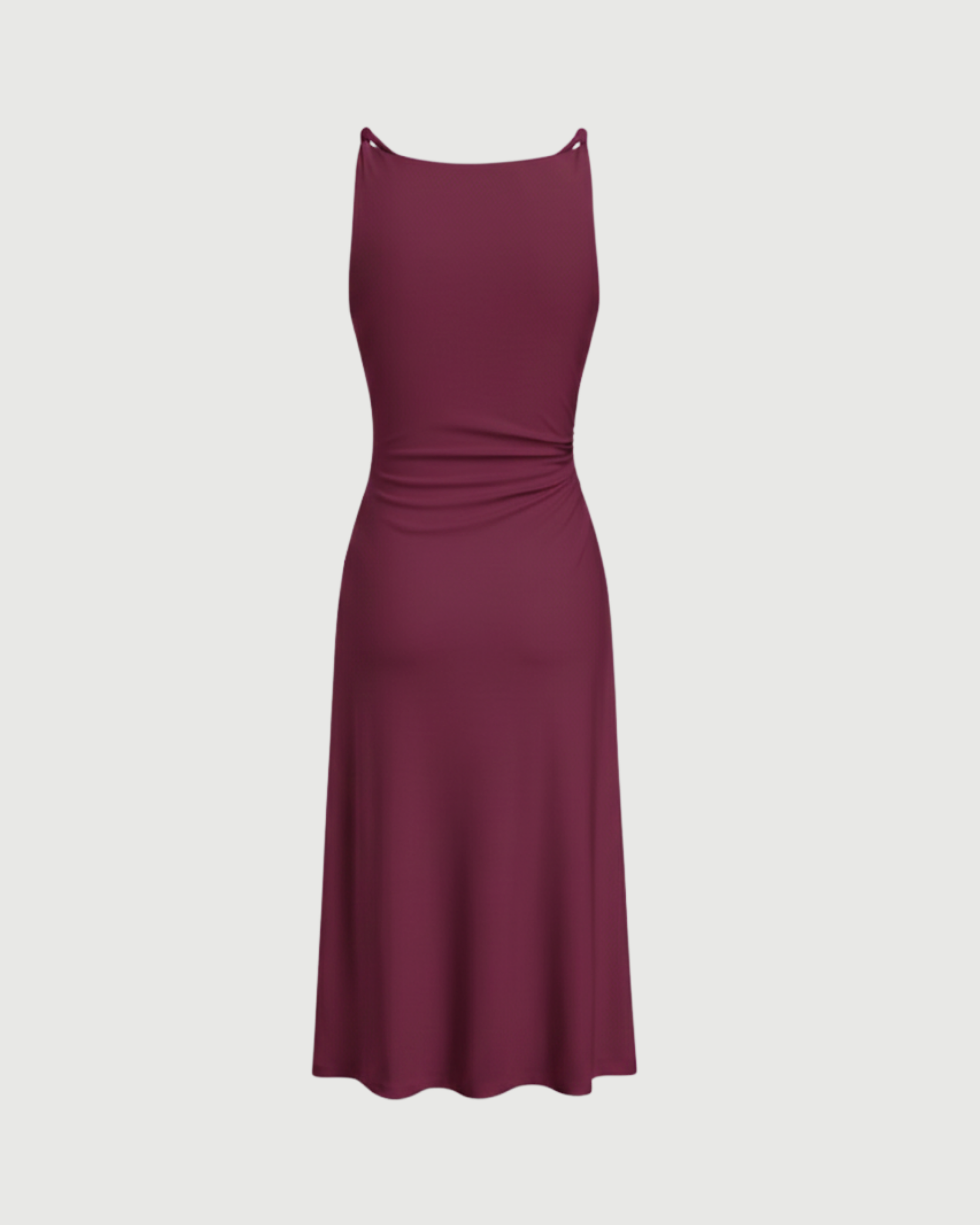 Boat Neck Twist Ruched Midi Dress- Maroon