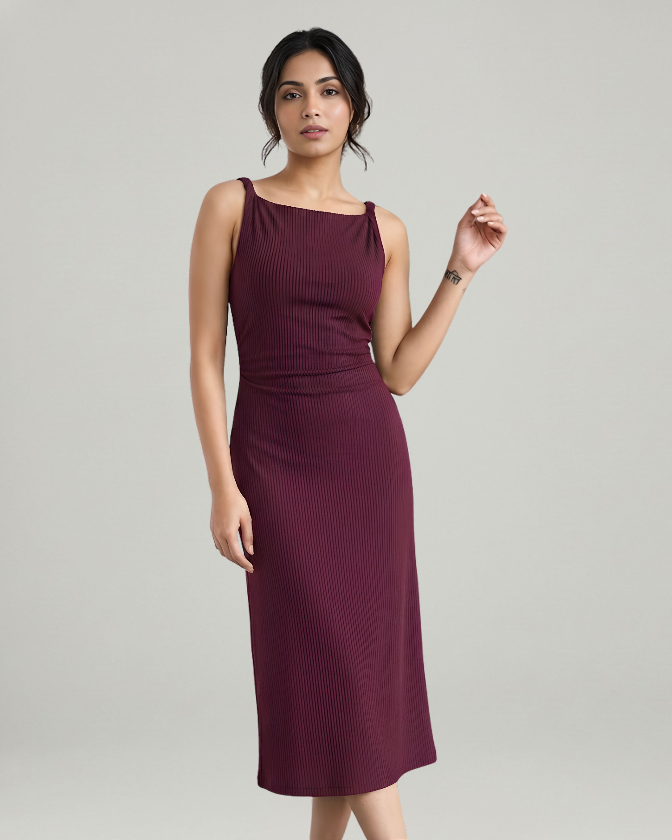 Boat Neck Twist Ruched Midi Dress- Maroon