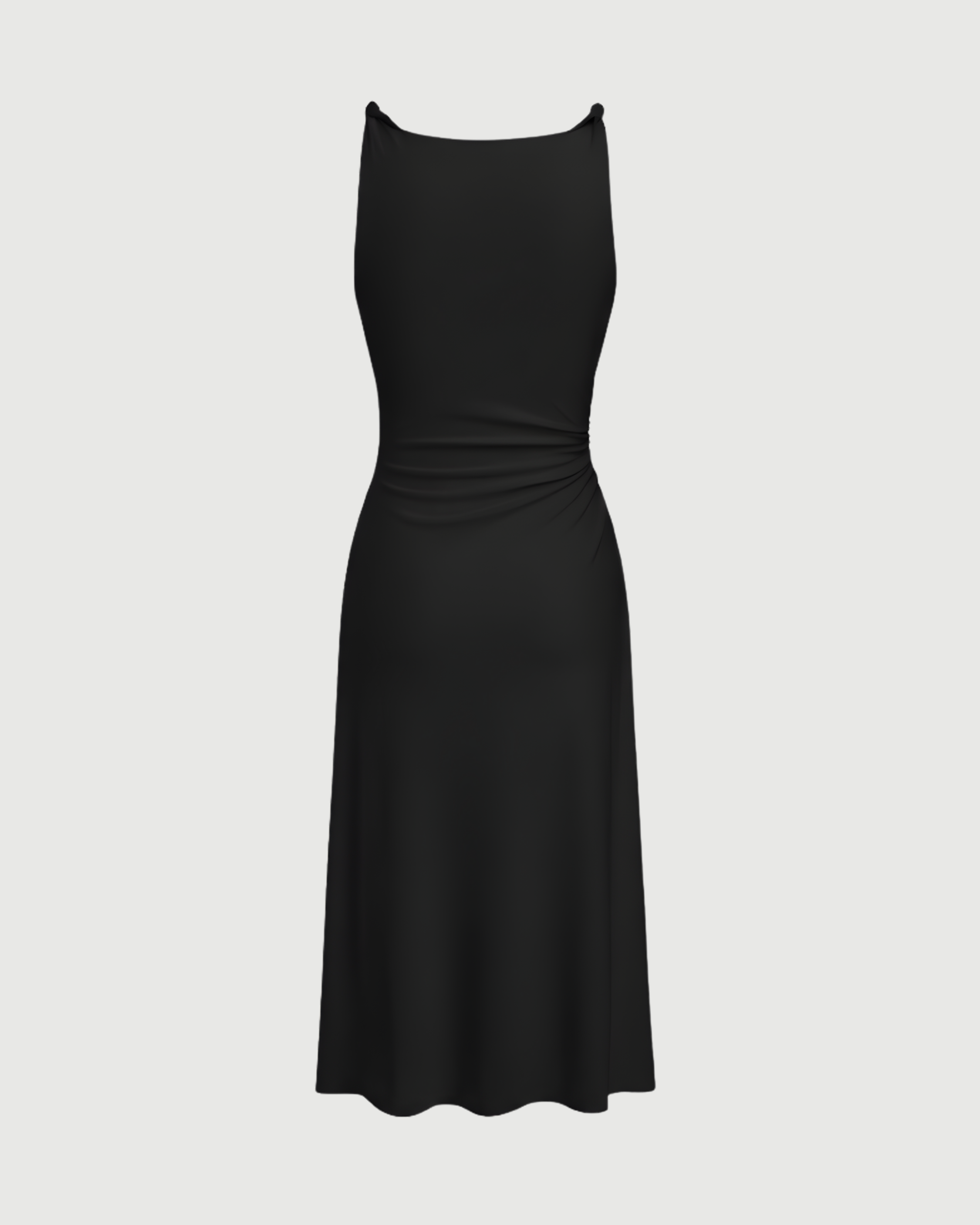 Boat Neck Twist Ruched Midi Dress - Black