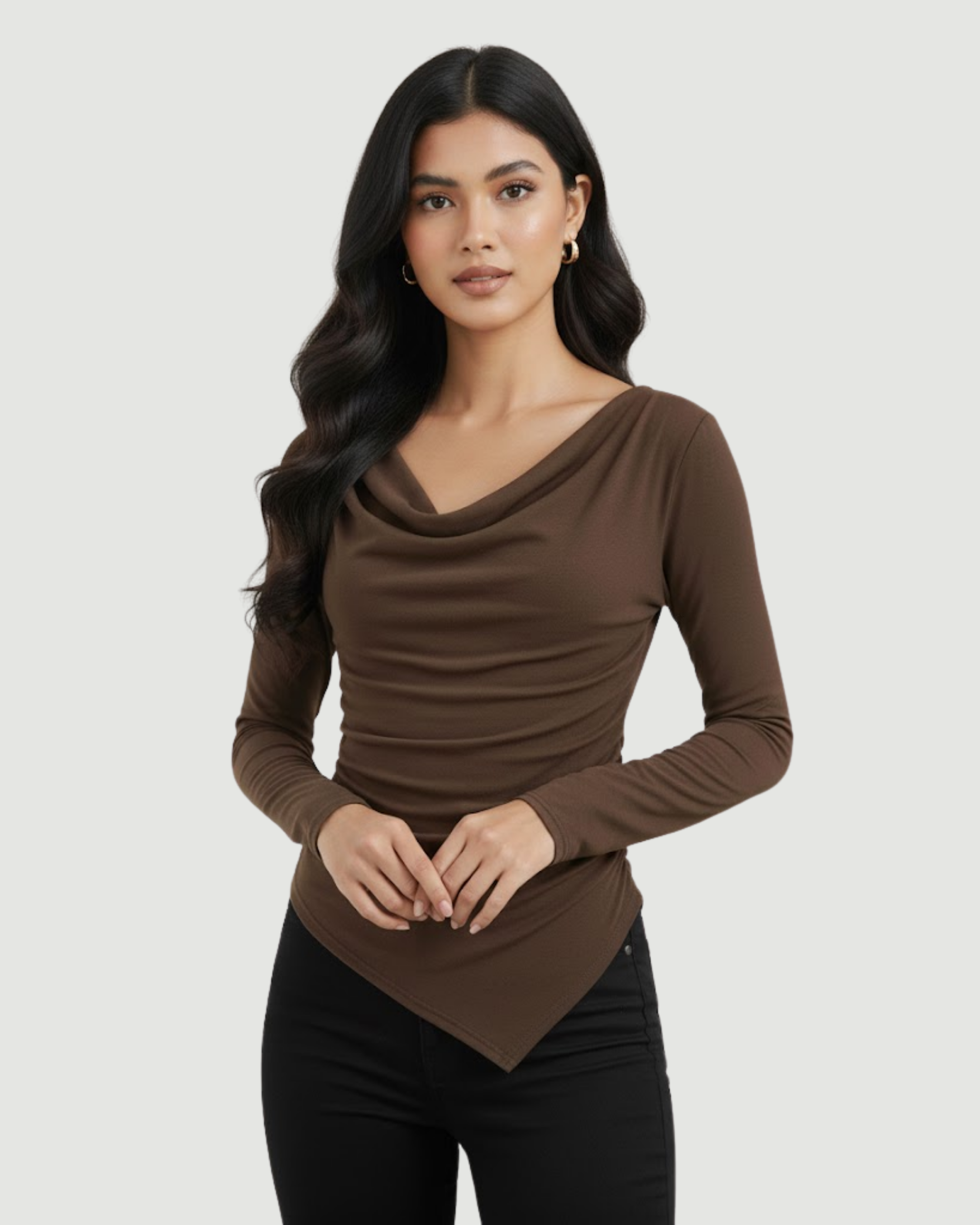 KnitAura Draped Edge Pullover - Coffee