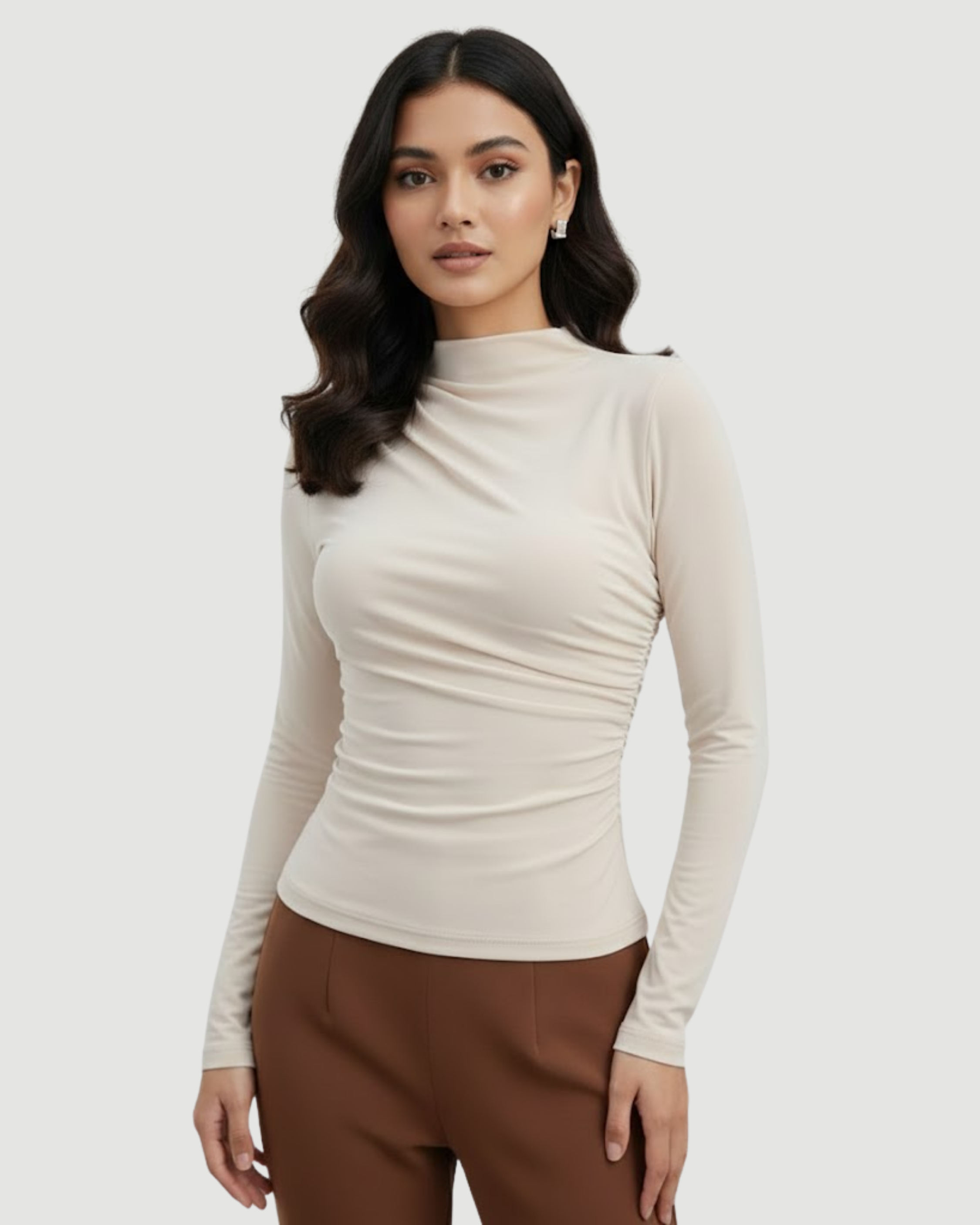 NeoY2K Sleek Mock-Neck Top - Choco Brown & Cream