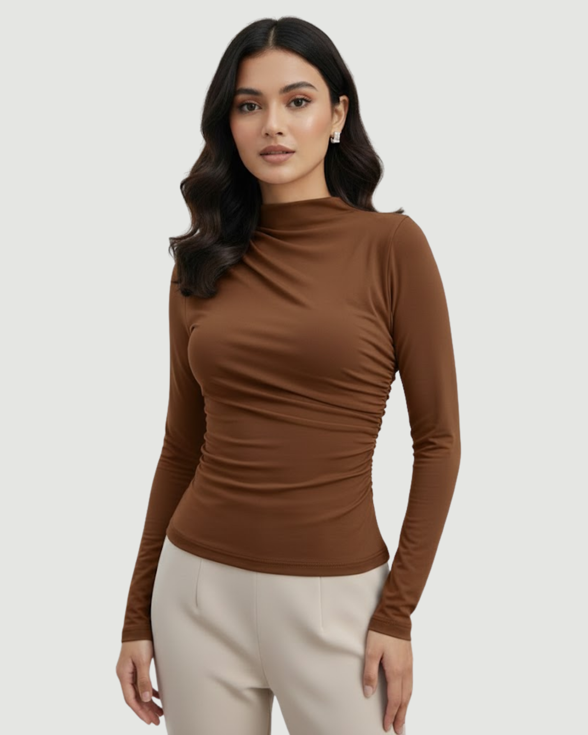 NeoY2K Sleek Mock-Neck Top - Choco Brown & Cream