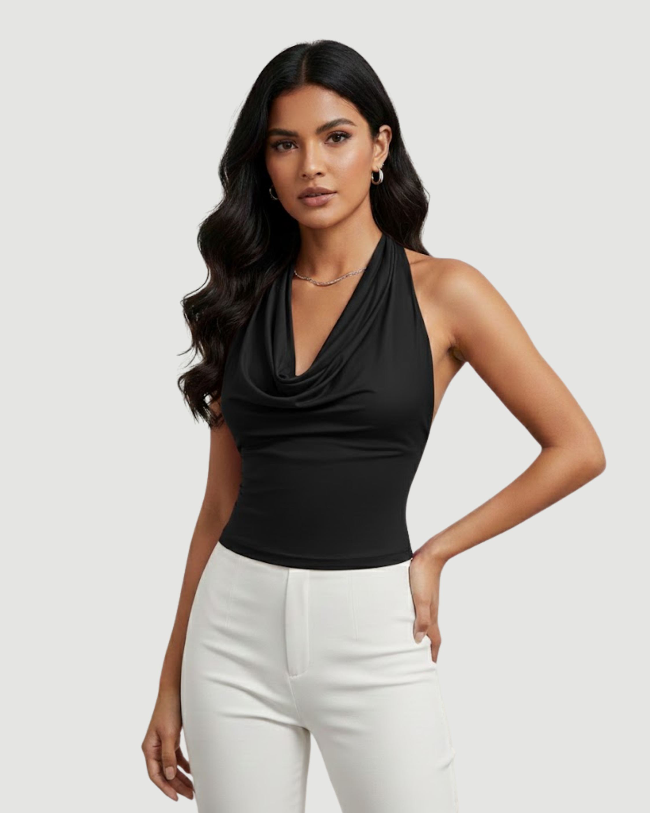 SummerGlow Luxe Halter Blouse-Black