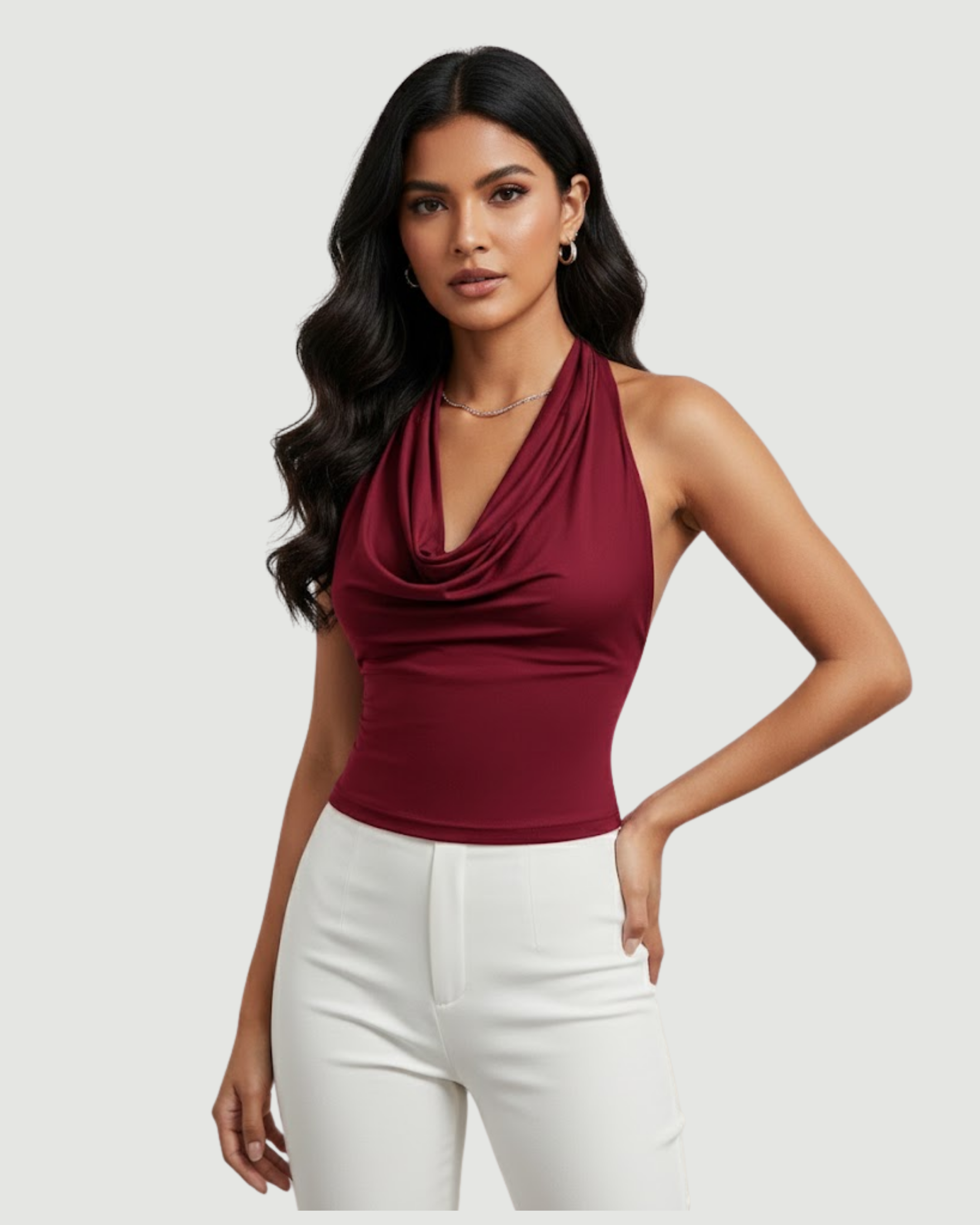 SummerGlow Luxe Halter Blouse - Burgundy