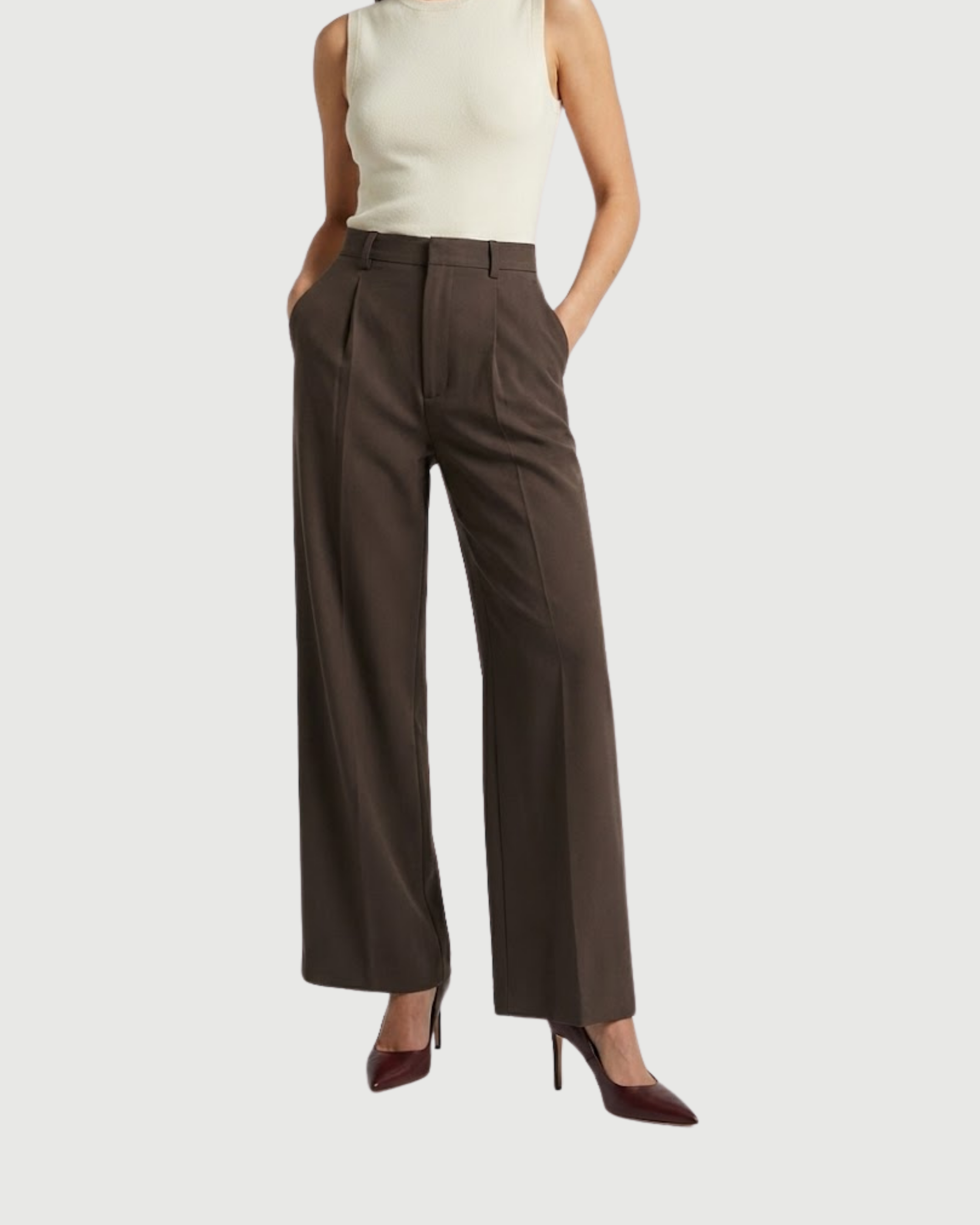 Classic Pleated Straight Leg Trousers-Coffee