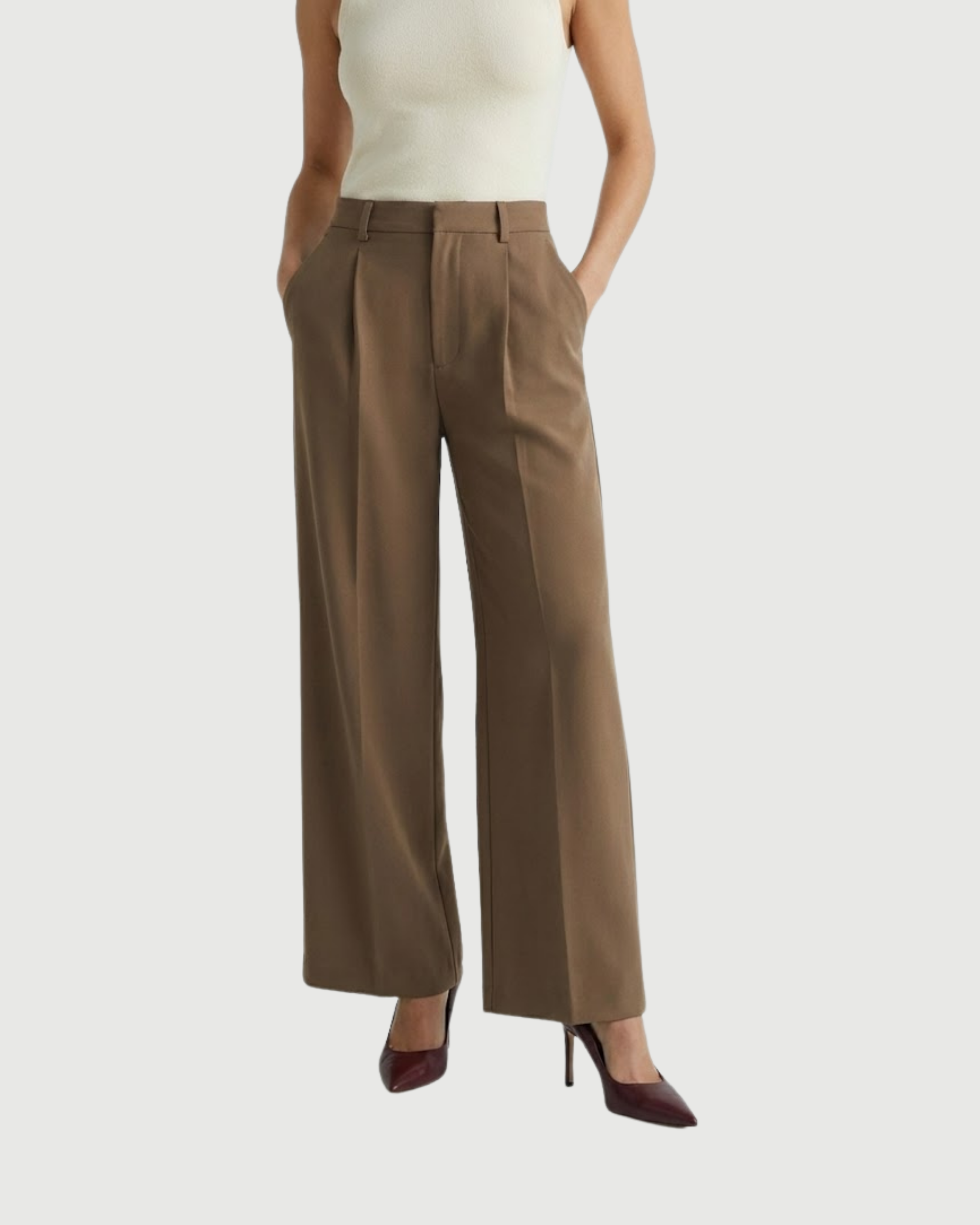 Classic Pleated Straight Leg Trousers- Brown