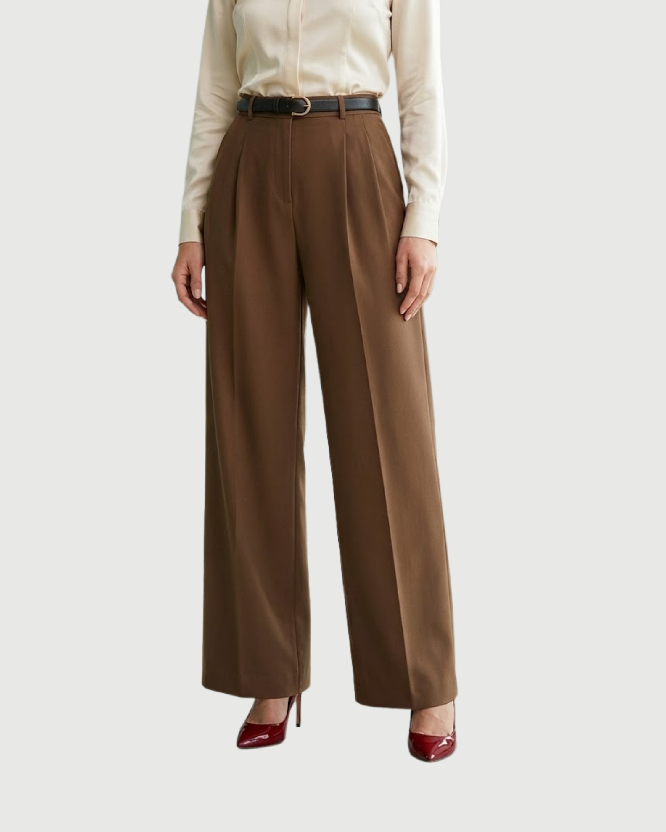 Tailored Wide-Leg Belted Trousers-Brown