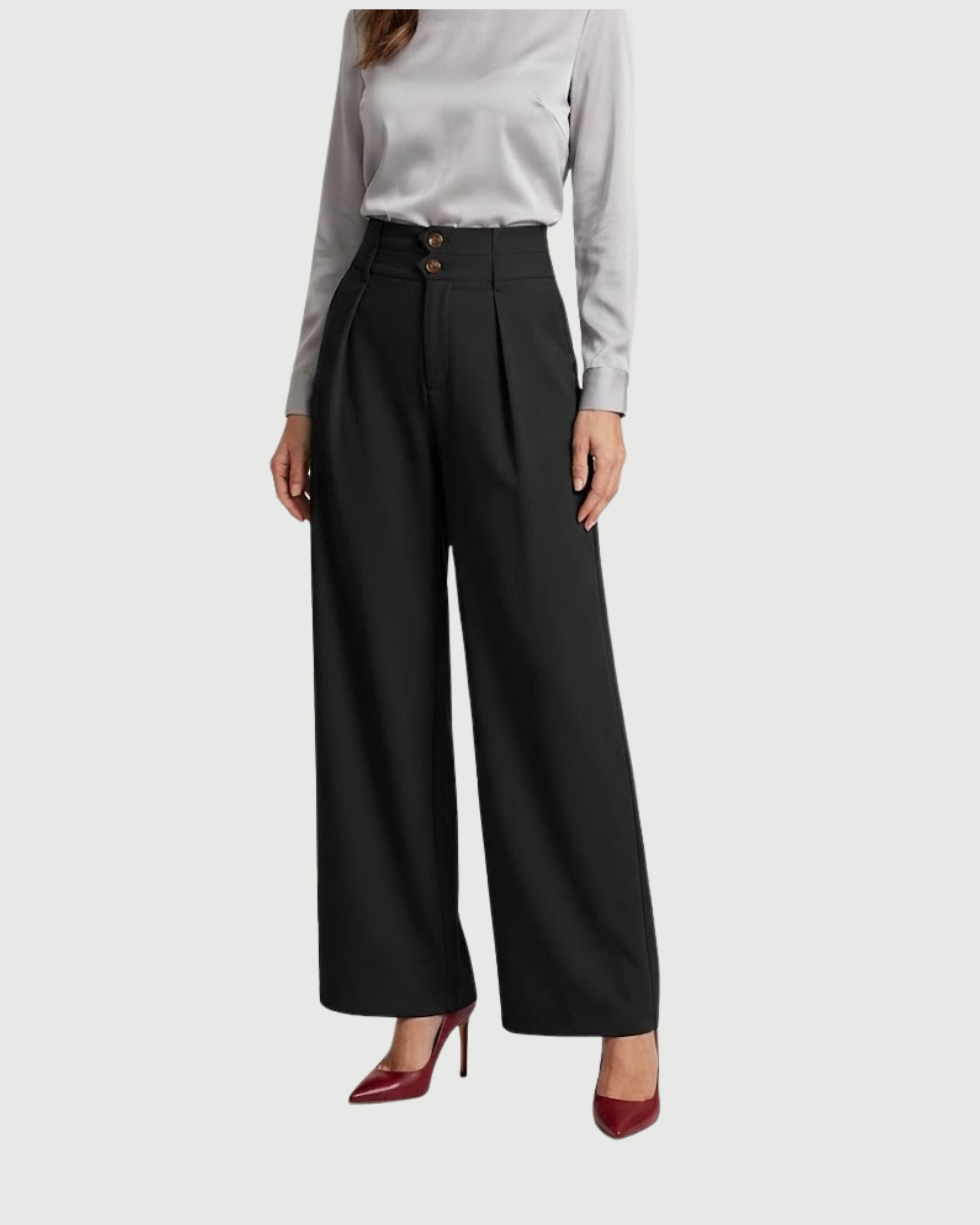 Button Detail Wide Leg Trousers- Black