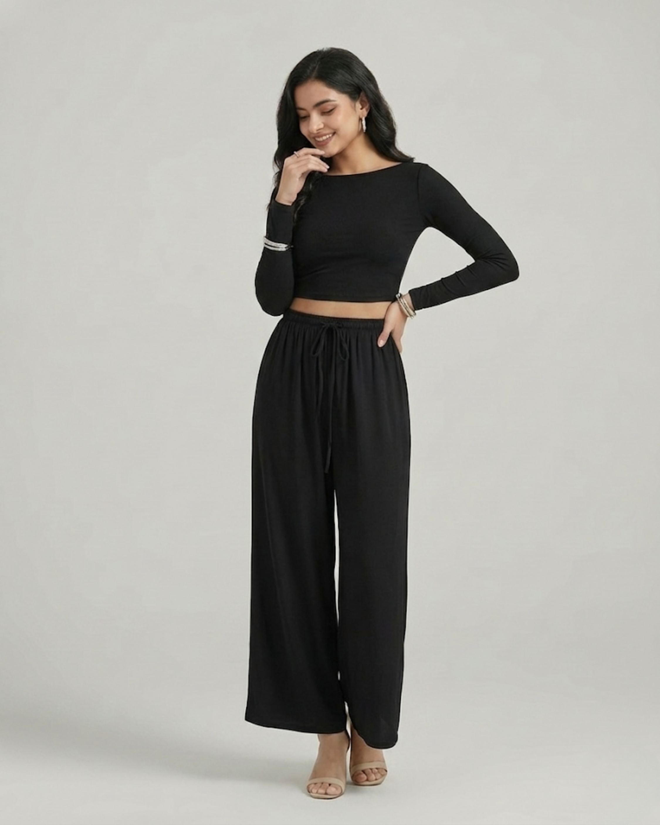 Solid Round Neck Knotted Matching Set