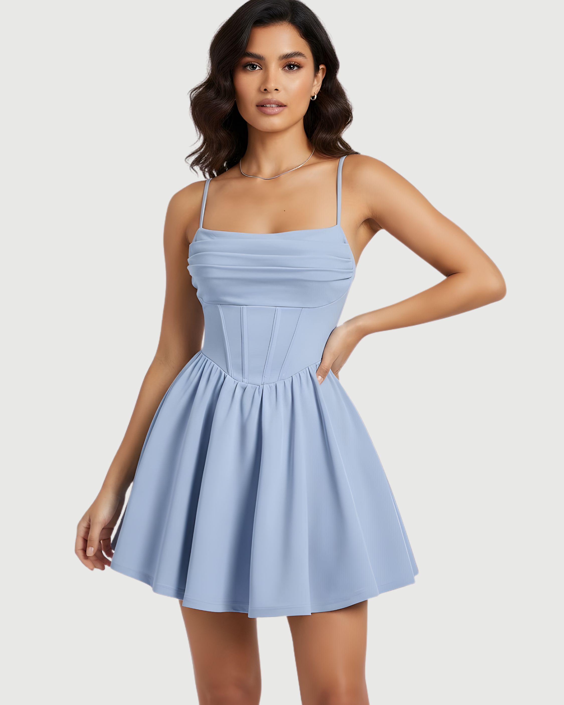 Elegant Backless Ruched Summer Cami Dress-Baby Blue