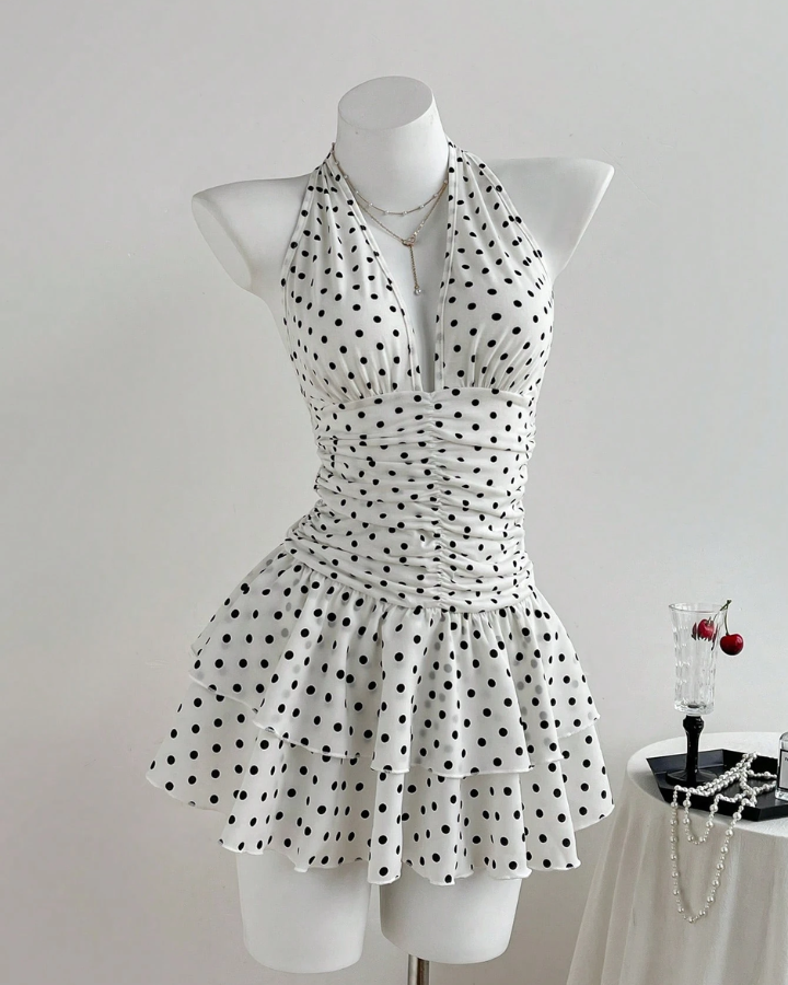 Polka Dot Deep V-Neck Backless Ruffle Mini Dress-Black & White
