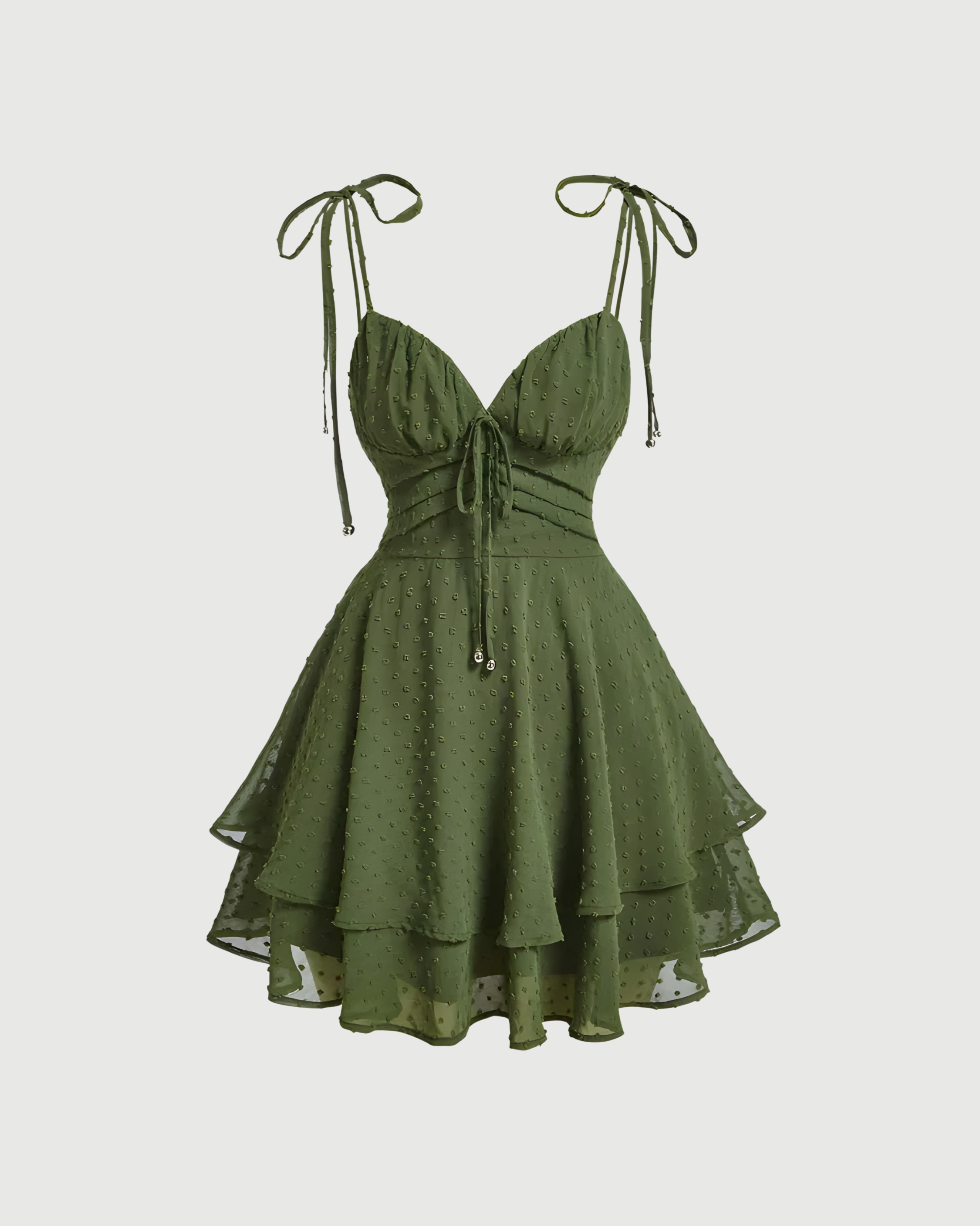 Swiss Dot Tie Shoulder Green Ruffle Dress