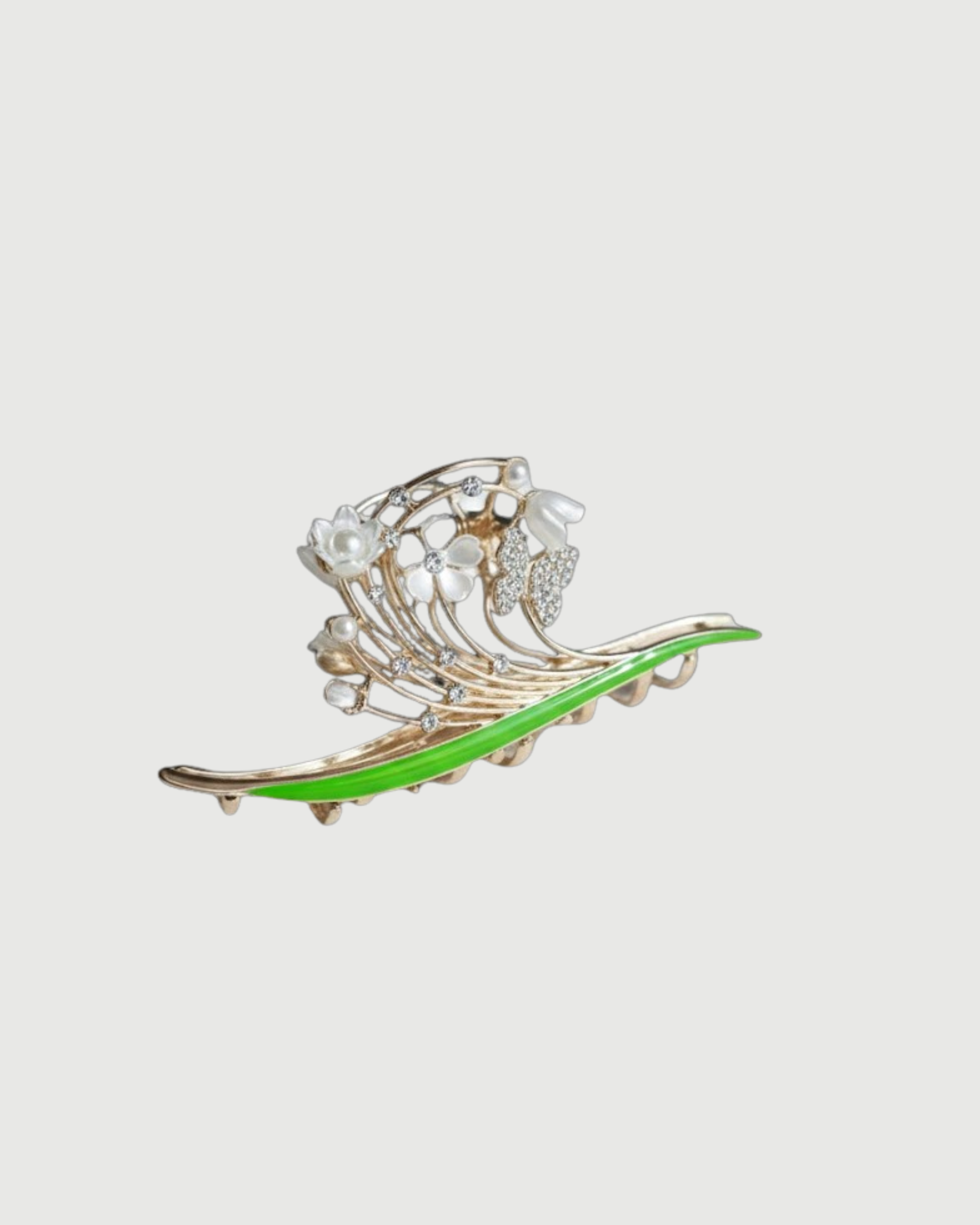 Gold & Green Enamel Floral Hair Claw Clip with Pearl