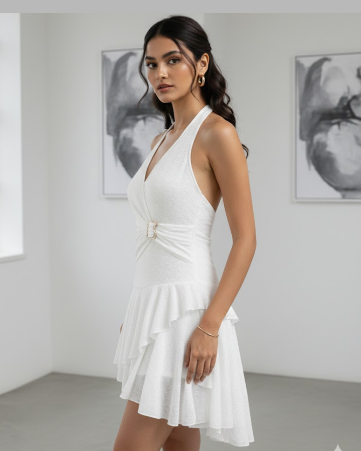 Lace Halter-Neck Mini Dress with Knotted Waist, Metal Accent, and Asymmetrical Hem.