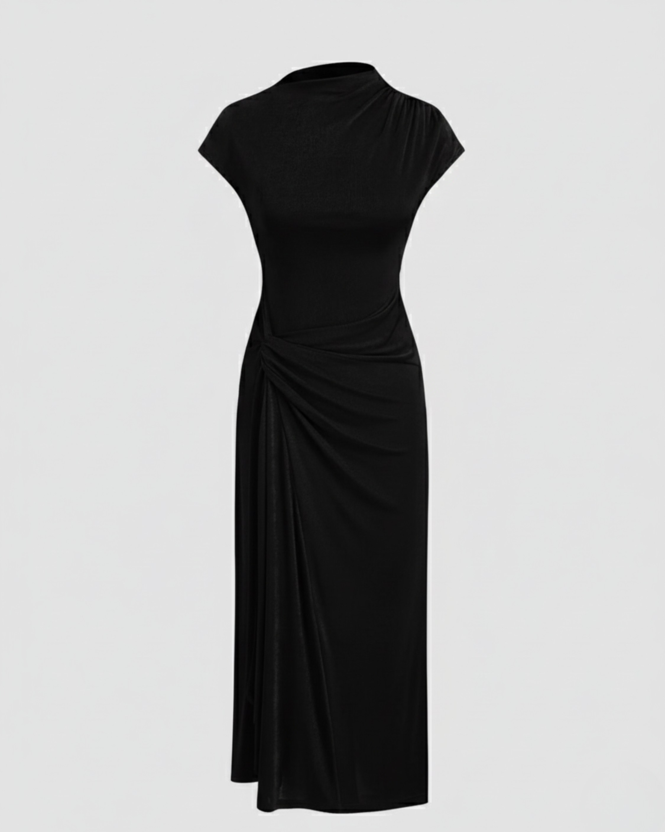 High-Neck Ruched Maxi Dress - Black