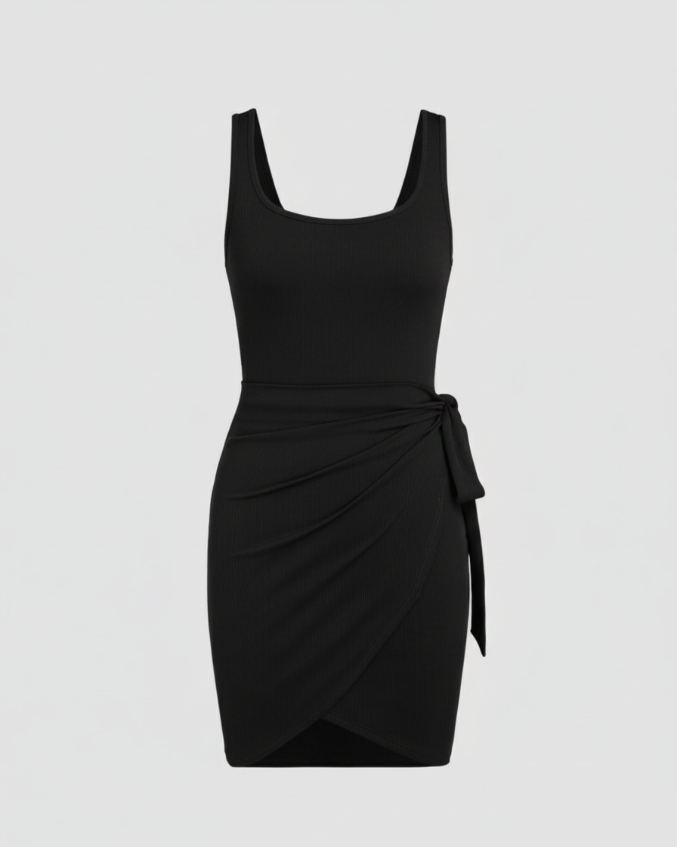 U-Neckline Knot-Detail Mini Dress - Black