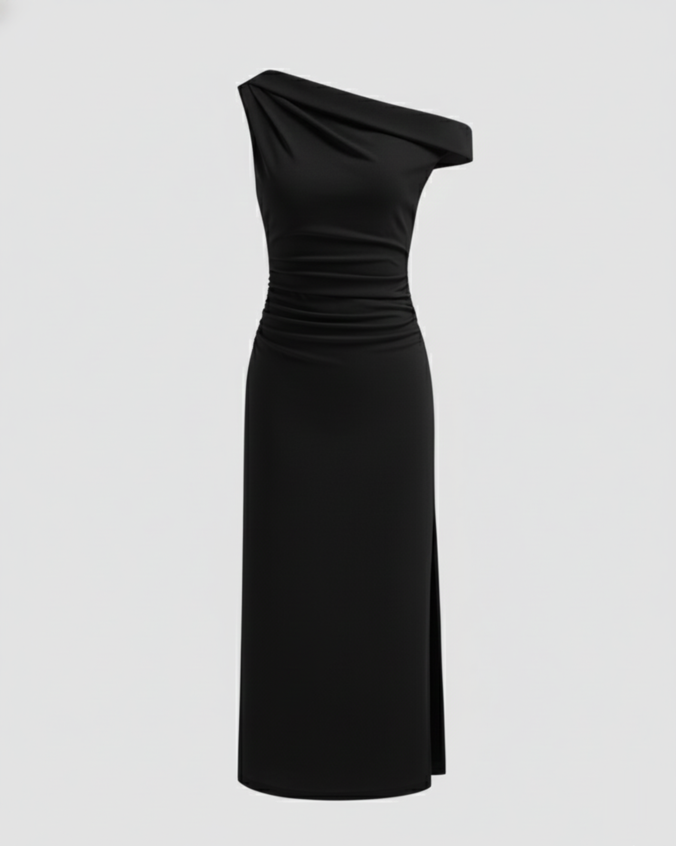 Asymmetrical Neck Ruched Slit Maxi Dress - Black
