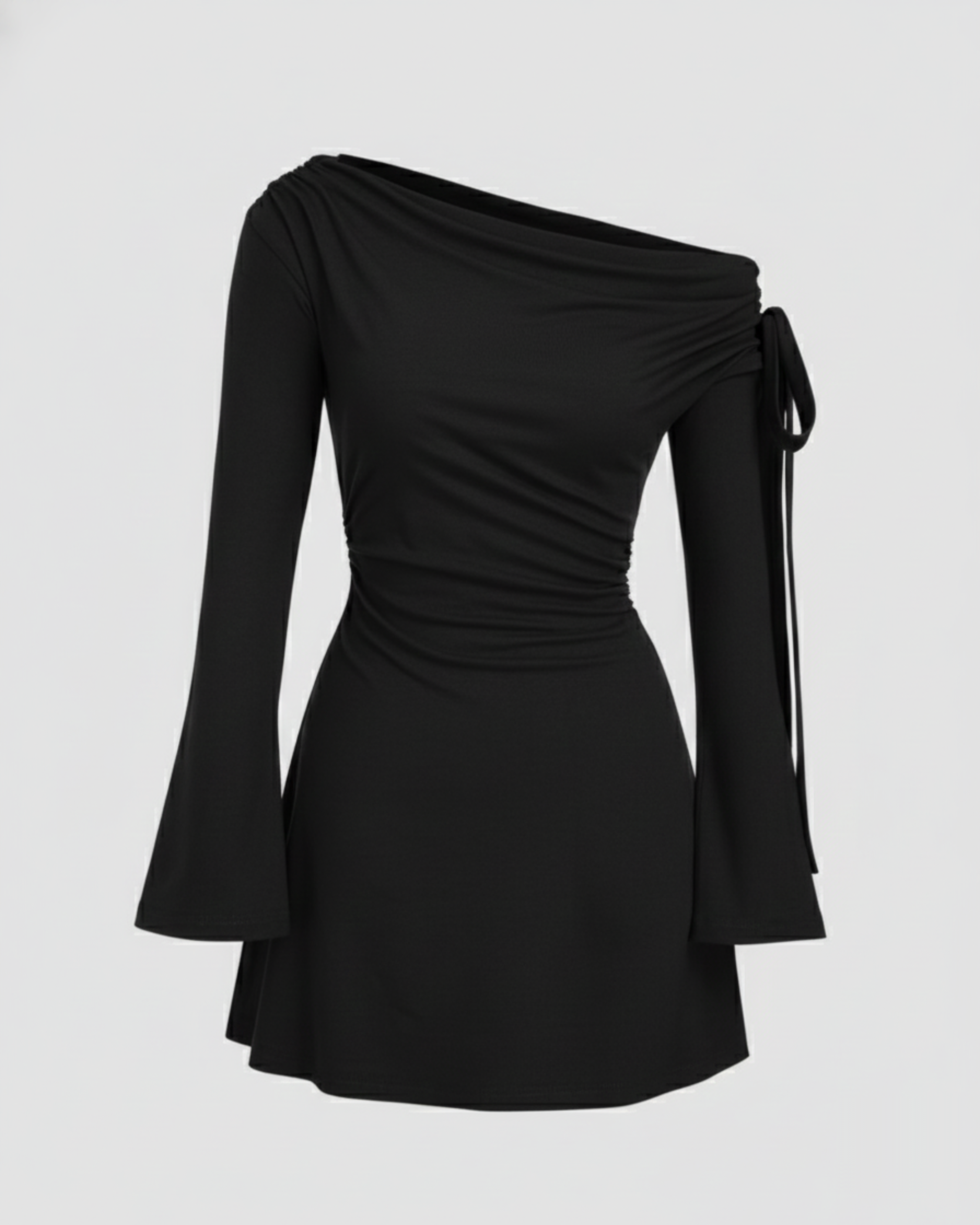 Asymmetrical Ruched Mini Dress with Knot Detail - Black