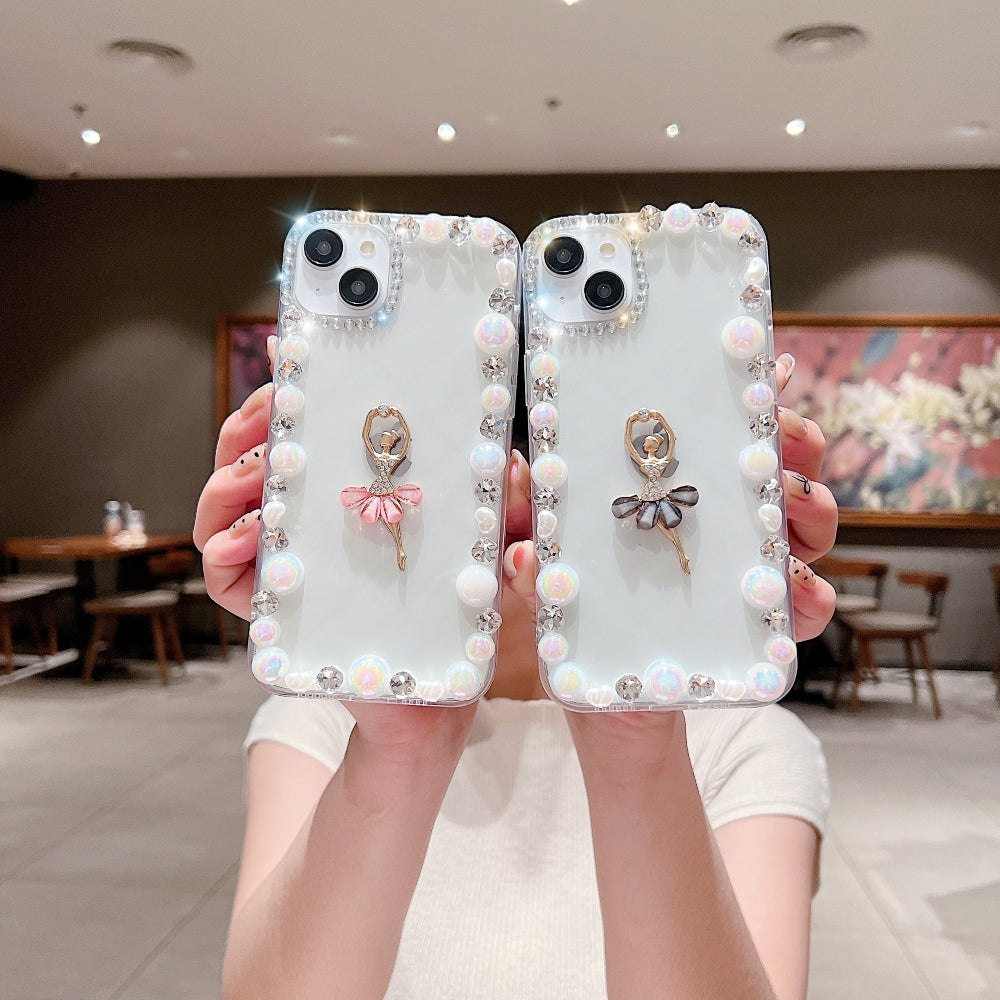 Ezlia Ballerina Girl iPhone 16 Pro Cases with Pearl Border & Charm – Transparent Design 