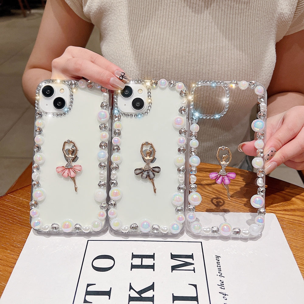 Ezlia Ballerina Girl iPhone 16 Pro Max Cases with Pearl Border & Charm – Transparent Design 