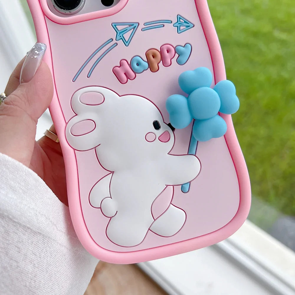Ezlia Happy Rabbit with Cute Spin Windmill Silicone iPhone 14 Pro Max Case