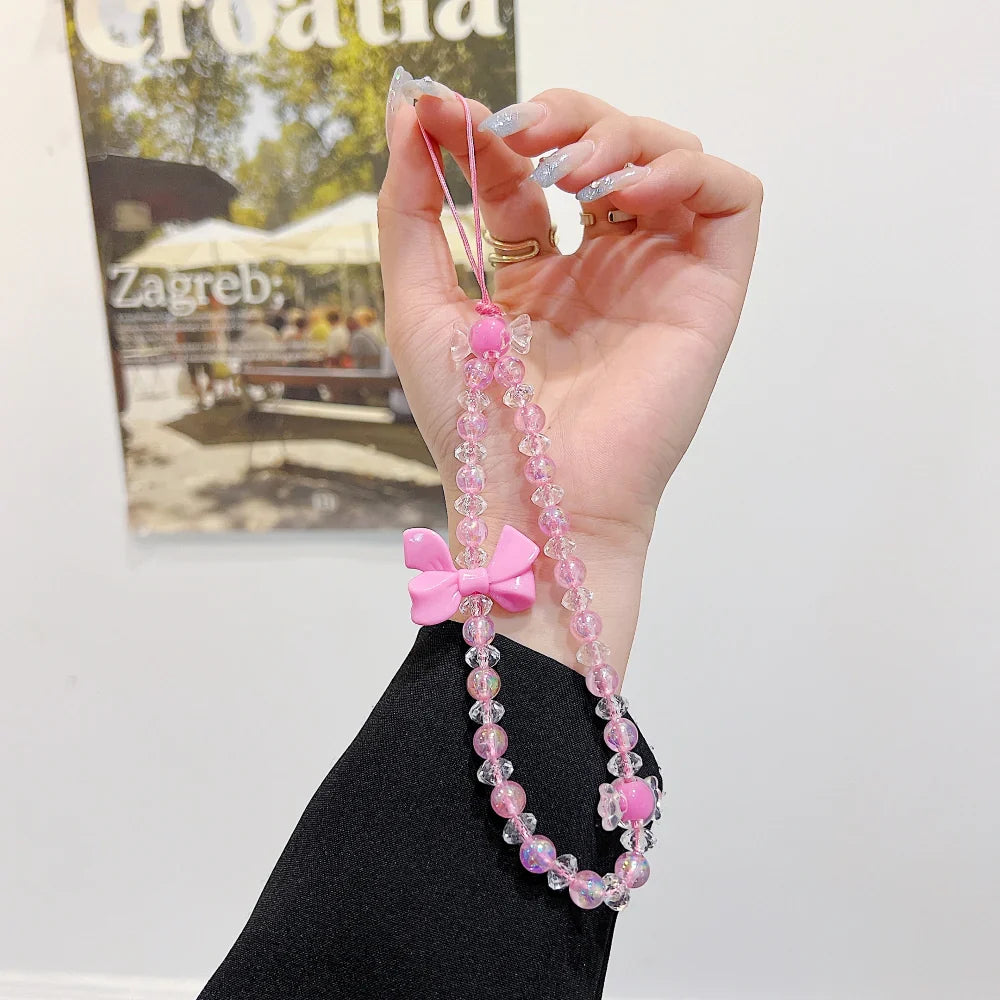 Ezlia Love Heart Bow Knot Beaded Phone Charm Braclet Handbag Light Pink Charm 