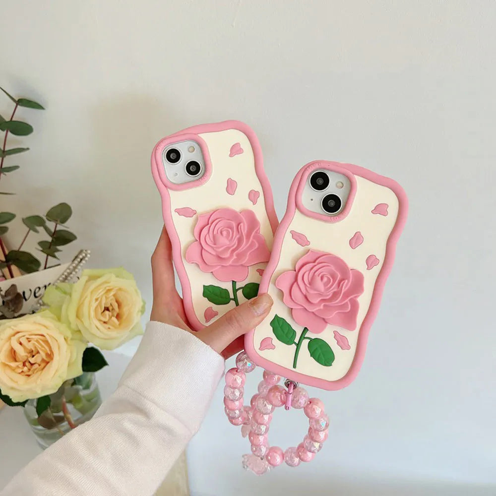 Ezlia Pink Rose Silicone Soft iPhone 12 Cover With Bracelet 