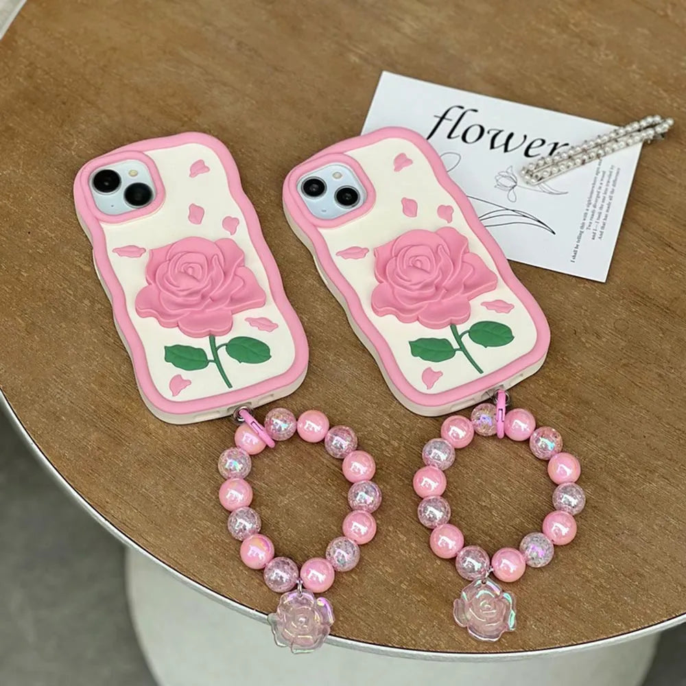 Ezlia Pink Rose Silicone Soft iPhone 13 Cover With Bracelet