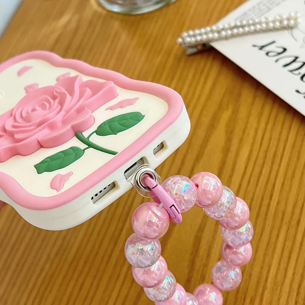 Ezlia Pink Rose Silicone Soft iPhone 14 Cover With Bracelet