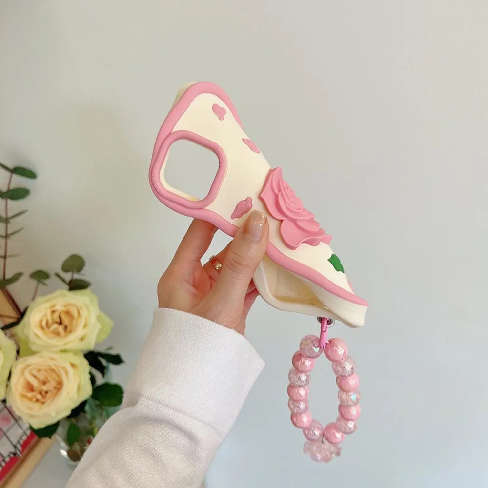 Ezlia Pink Rose Silicone Soft iPhone 14 Pro Max Cover With Bracelet