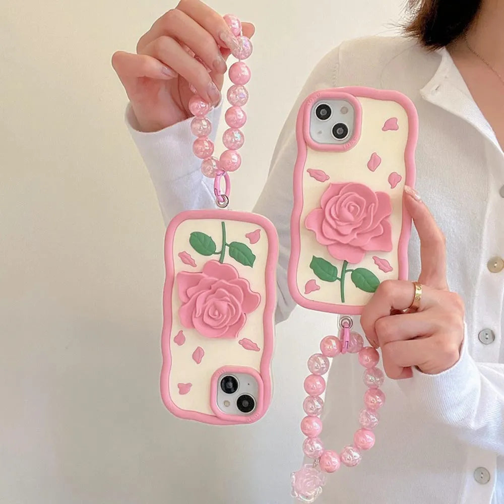 Ezlia Pink Rose Silicone Soft iPhone 15 Pro Max Cover With Bracelet