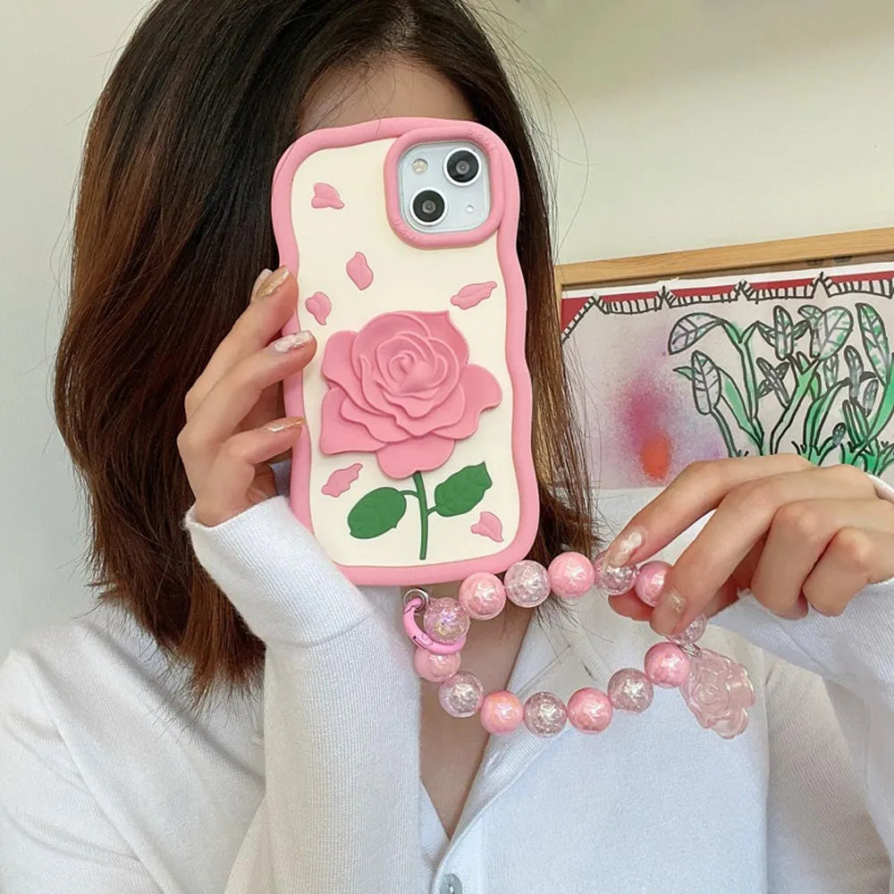 Ezlia Pink Rose Silicone Soft iPhone 16 Pro Max Cover With Bracelet
